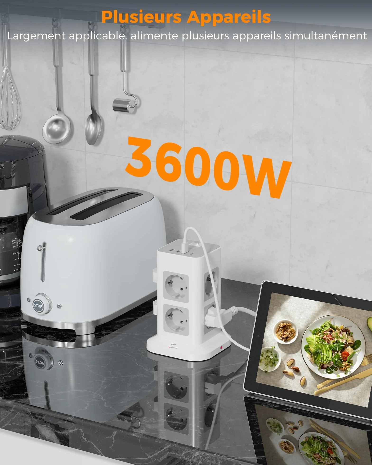 TESSAN Tour Multiprise 8 Sorties AC avec 4 USB (3A1C), Multiprise avec Interrupteur Rallonge Electrique 2m, Prise Multiple 3600W Parafoudre et Surtension, Convient pour Maison, Bureau, Gris