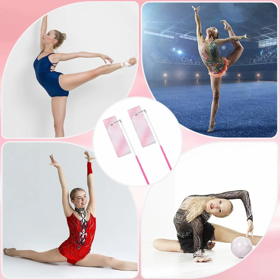 CREATCABIN Rubans Danse Polycoton Gymnastique Étincelants Banderoles Gymnastique Rythmique Roses avec Baguette 1.95m