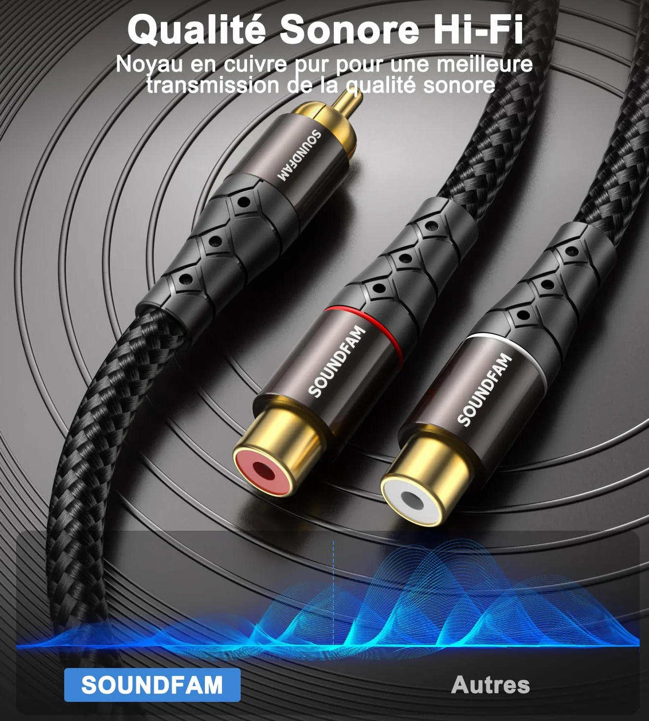 Répartiteur RCA Y Câble Répartiteur RCA/Phono SOUNDFAM 1 Mâle vers 2 Femelles Fiche Plaquée or Répartiteur Cinch​ Adaptateur Stéréo Y Pour Caisson de Basses, TV, Lecteur CD, Home Cinéma - Noir (30 cm)
