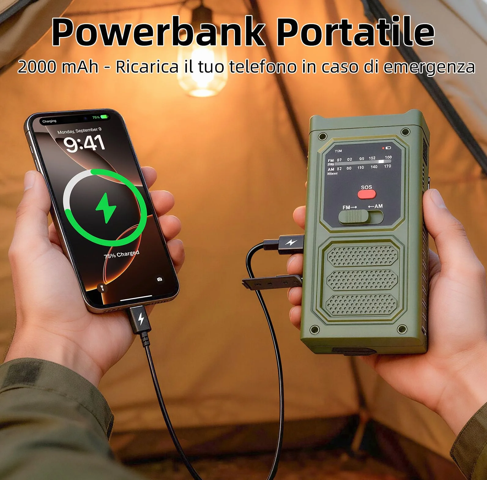 Radio Solaire d'Urgence AM/FM avec Lampe Torche LED, Alarme SOS, Recharge USB/Solaire/Manivelle, Batterie 2000mAh, Vert