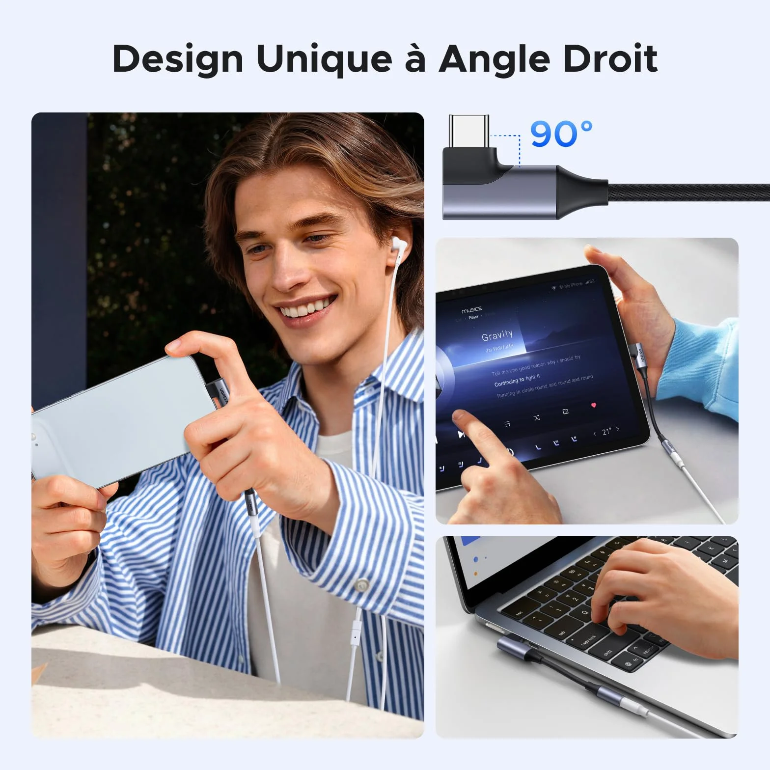UGREEN Adaptateur USB-C vers Jack Audio 3,5 mm à Angle Droit 90 Dépenser avec Puce DAC, Compatible avec iPhone 17/17 Air/17 Pro/17 Pro Max, Série Galaxy S25, iPad, Mac