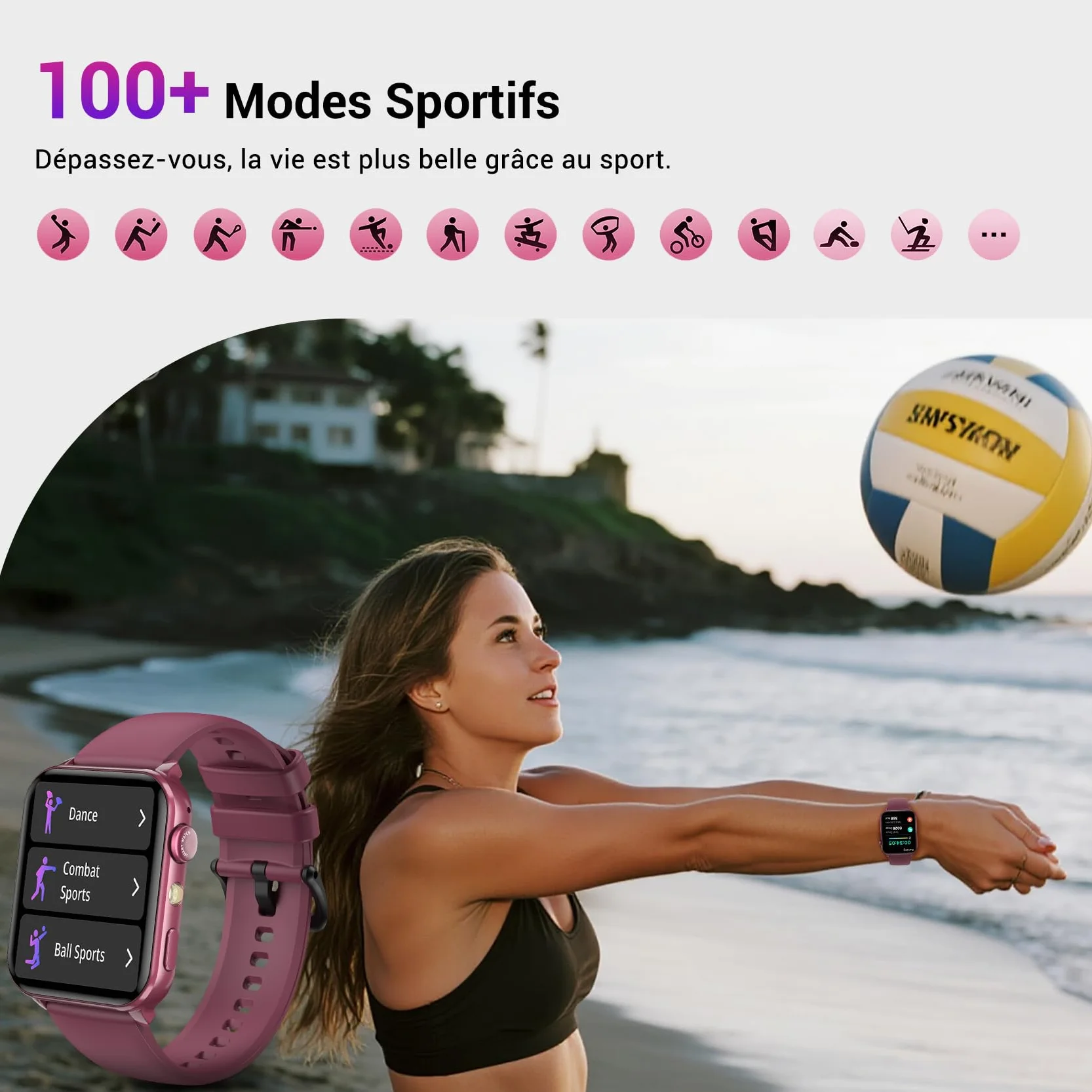 IOWODO Montre Connectée Femme, Appel Bluetooth, Écran 1.85" à LCD, Notifications Réseaux Sociaux, Cardiofréquence/Oxymètre/Analyse Sommeil, 100+ Modes Sports, pour Android& iOS(Violete)