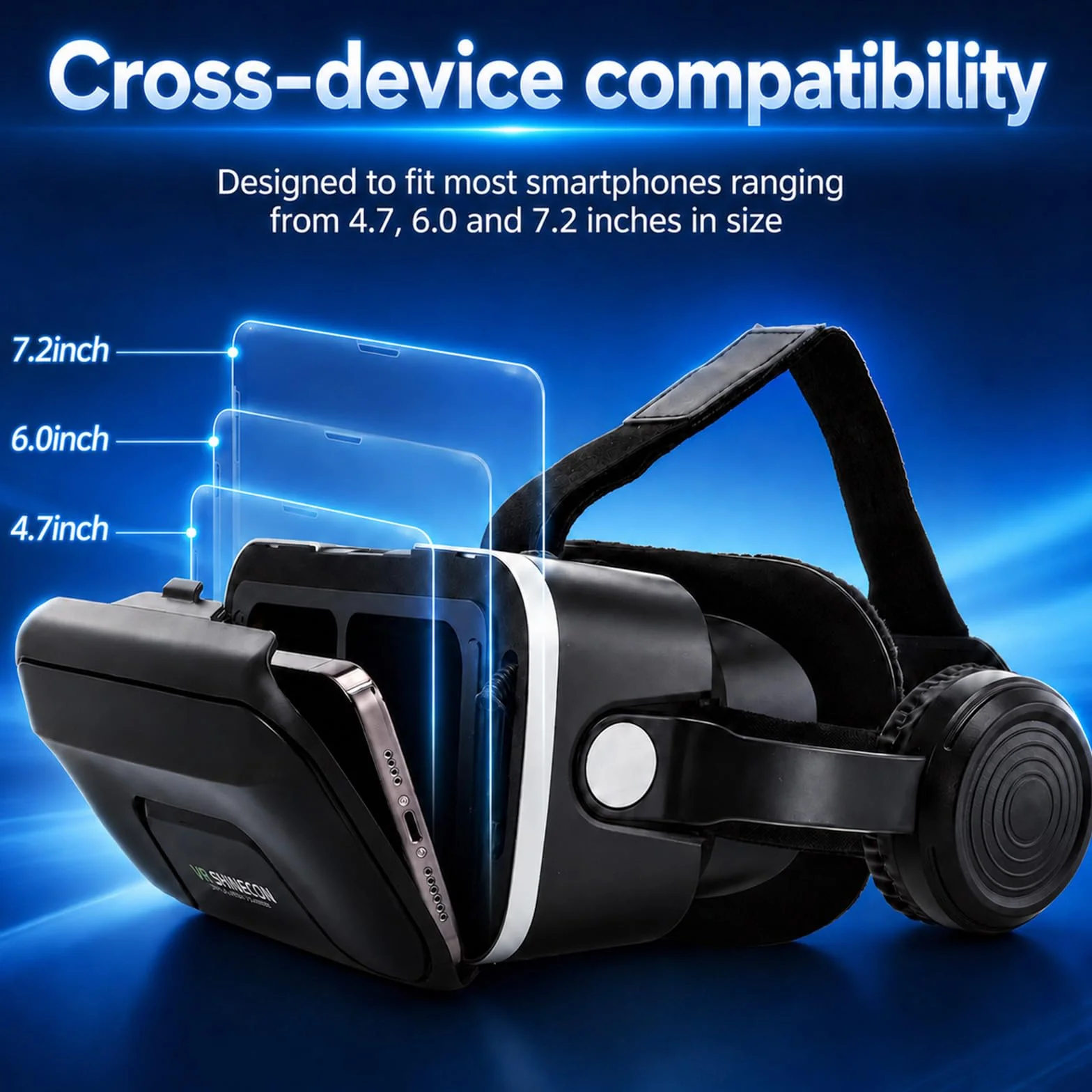Casque VR 3D avec Écouteurs Verres HD Anti-Lumière Bleue Compatible Smartphones iPhone Android 4,7-7,2"