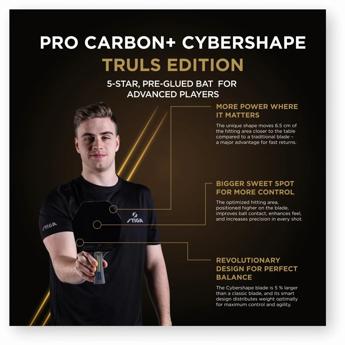 STIGA Pro Carbon Plus Cybershape Truls Edition Raquette de Ping-Pong 5 étoiles, Sweet Spot Plus Grand, Technologie Touch Carbon, Revêtements STAR5 approuvés ITTF