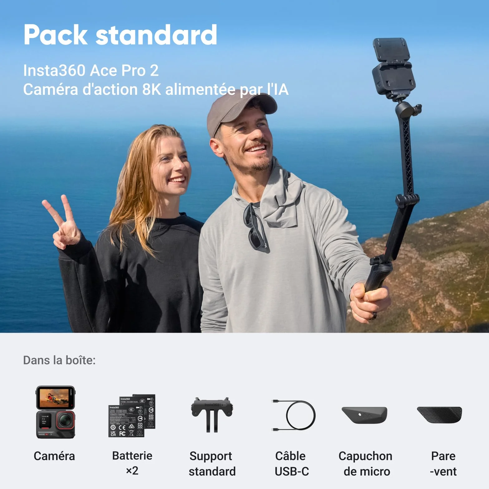 Insta360 Ace Pro 2 Pack Double Batterie Caméra d'action 8K Objectif Leica capteur 1/1,3" HDR 4K écran Rabattable Audio Pro étanche