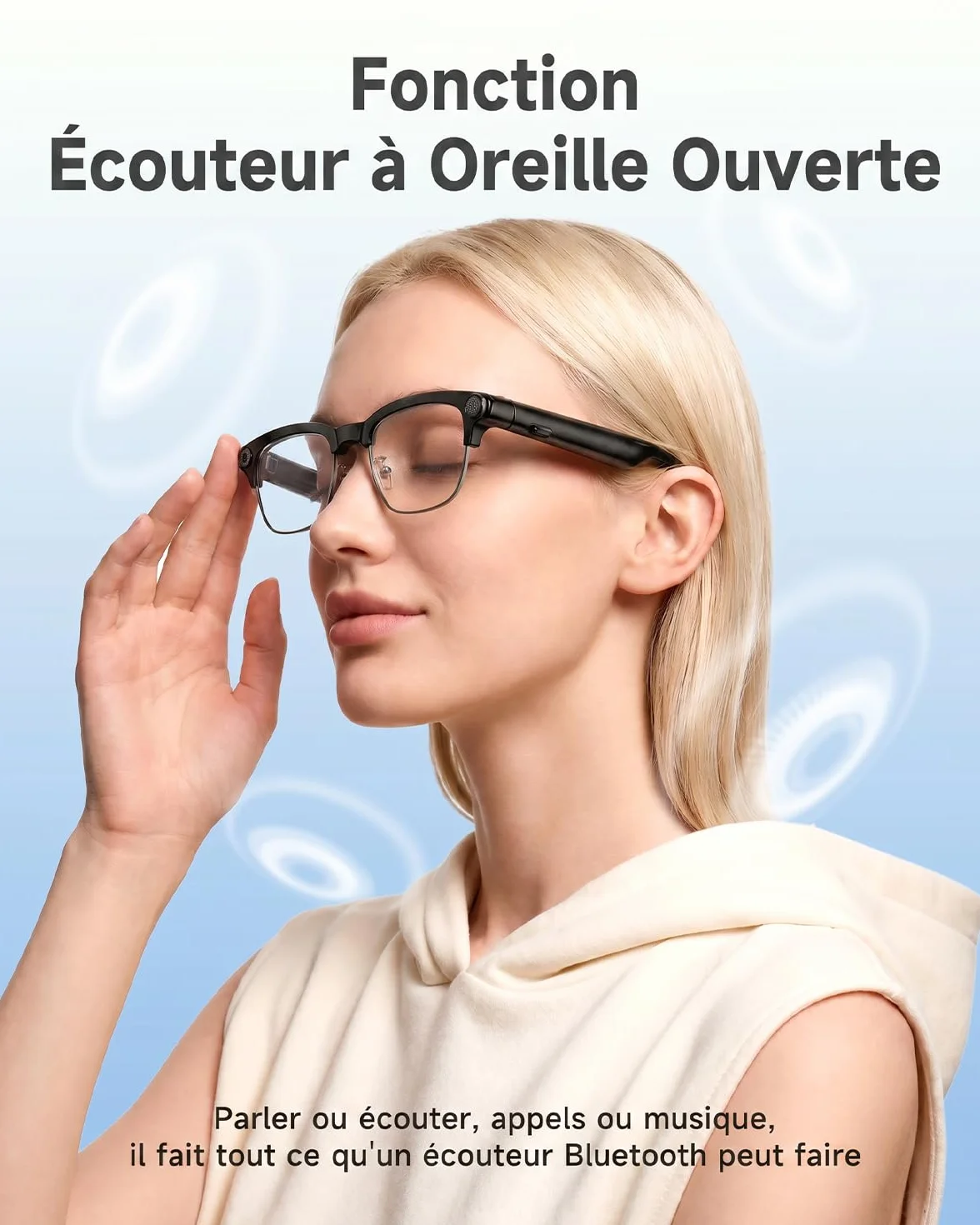 TOOBUR Lunettes connectées AI avec Appareil Photo 8MP, vidéo HD 1080P Anti-Flou, Traduction en Temps réel & Assistant Vocal, appels Bluetooth & Audio à Oreille Ouverte pour vlog, Voyage & réunions