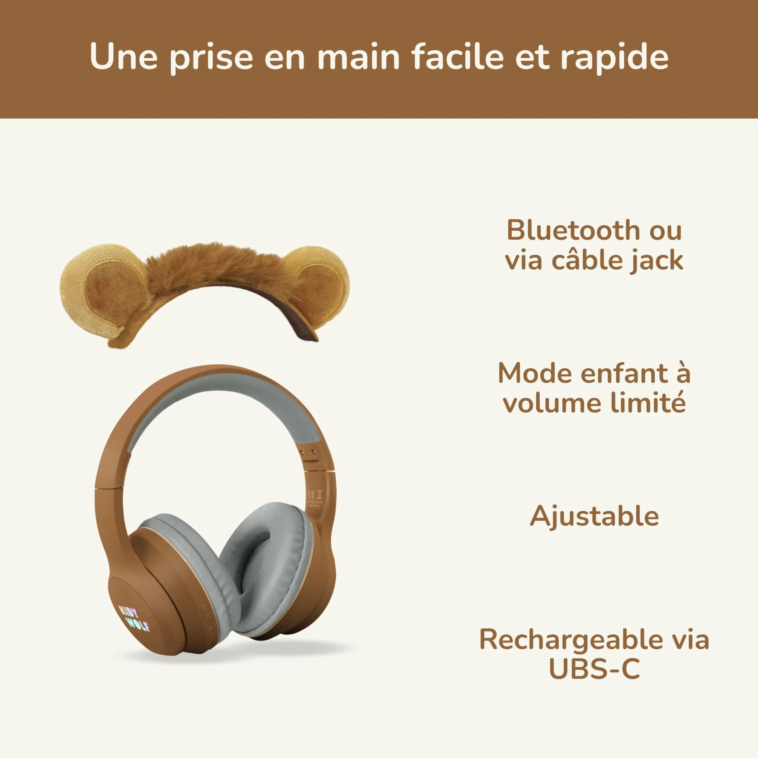 KIDYWOLF - KIDYEARS Lion - Casque Audio Enfant Bluetooth & Filaire - Volume Limité 85dB pour Protéger l'Audition