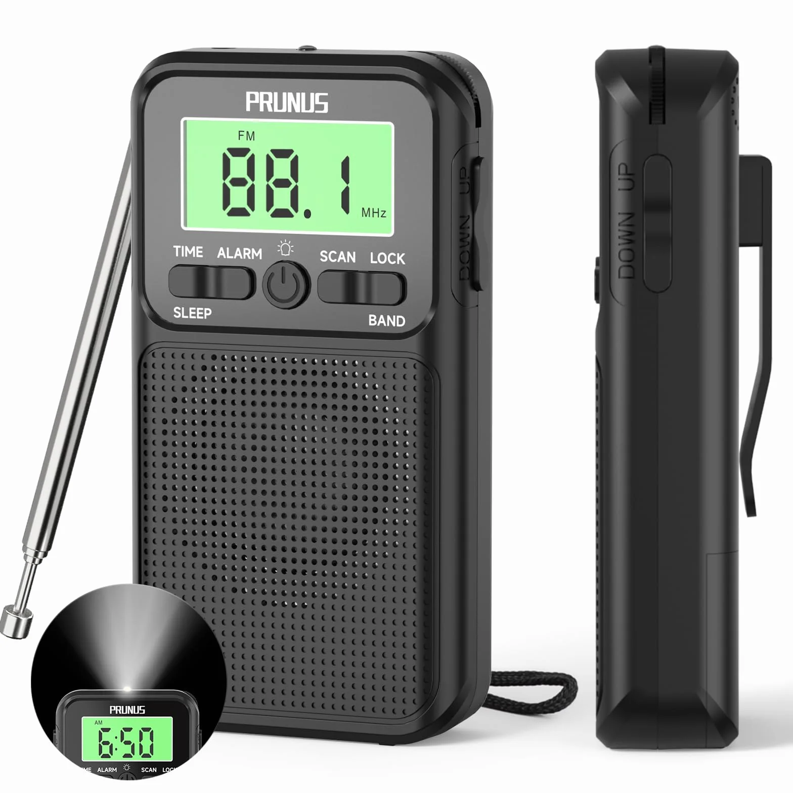 PRUNUS J-128 Radio Portable FM/AM, Réveil, Minuterie de Sommeil, Mini Radio de Poche, Design Anti-Contact, Piles 2xAA