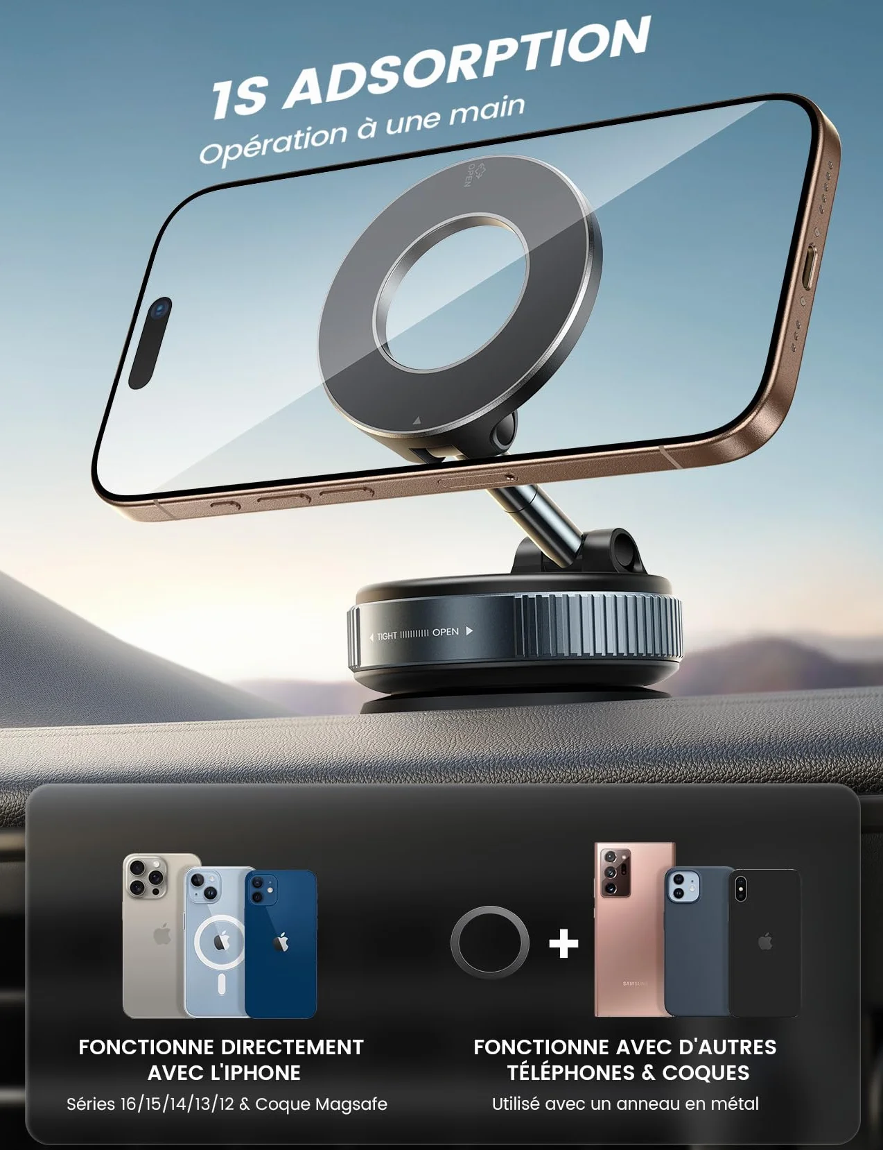 Lamicall Support Telephone Voiture pour MagSafe - [Ventouse à Vide & 24X N55] 360° Rotation, Porte Voiture pour Tableau de Bord/Pare-Brise, Support Magnétique pour iPhone 17 16 15, Autres Smartphones