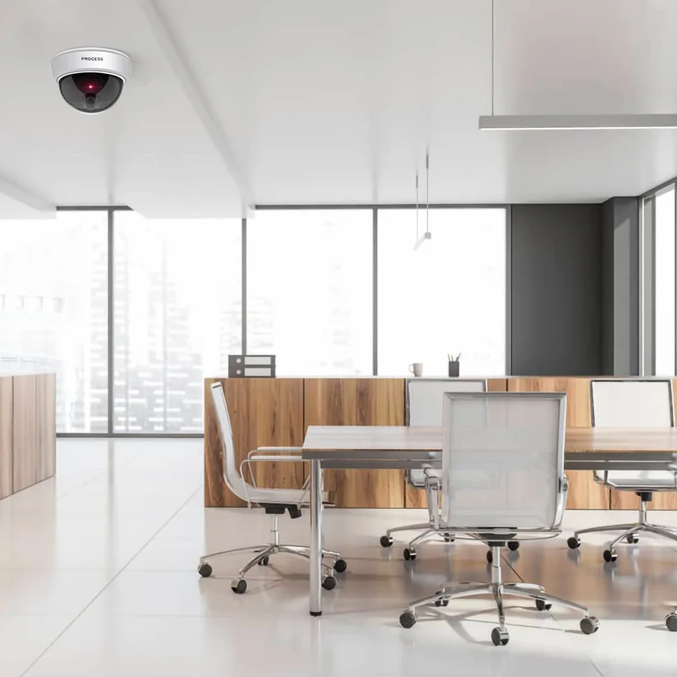 ERWEY Lot de 2 Caméras Factices Extérieur & Intérieur, Fausse Caméra de Surveillance Dôme avec Lumière LED Rouge Clignotante & Autocollants CCTV, pour Mur et Plafond (Blanc)