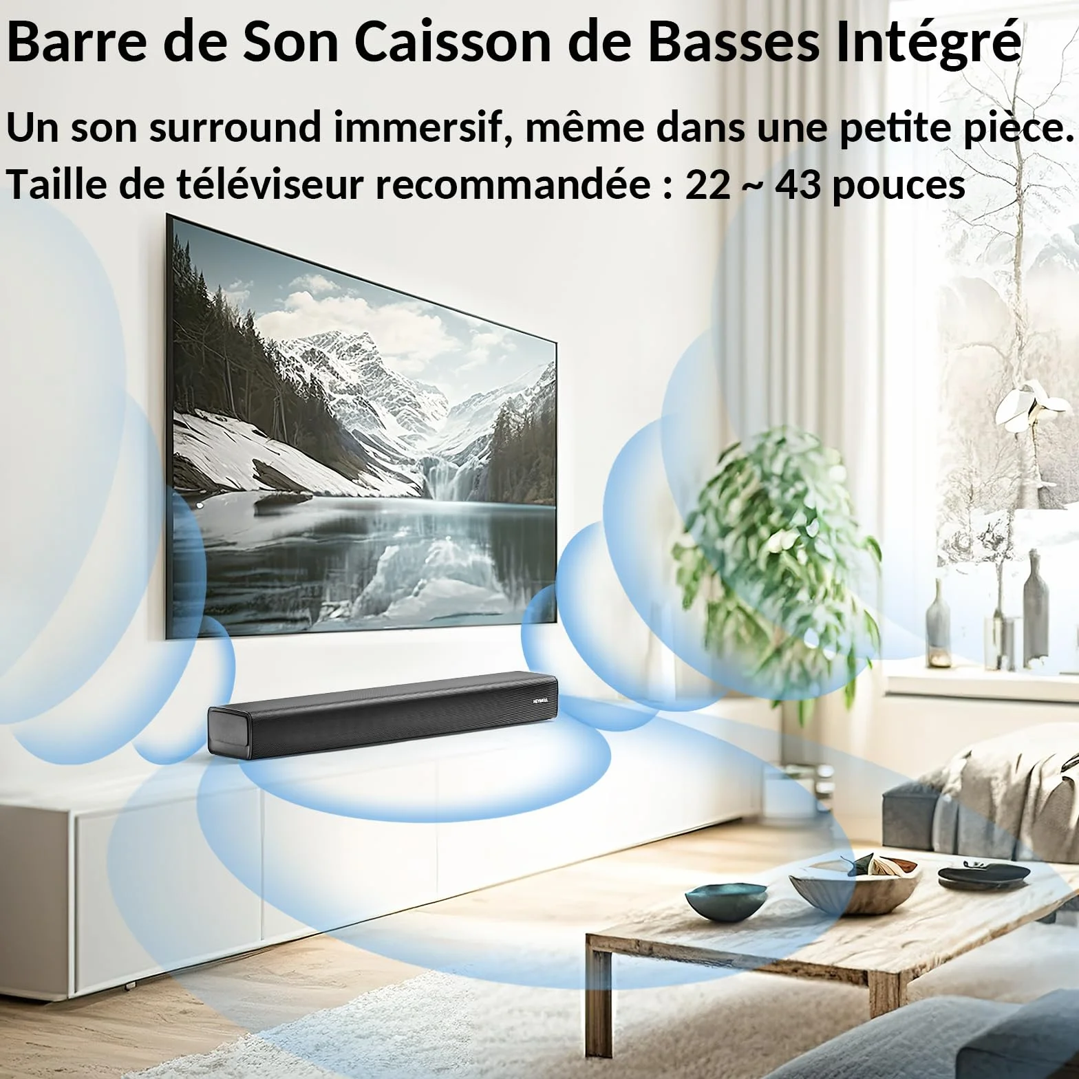 Barre de Son TV 120W 2.1ch Bluetooth 60cm HDMI Arc Caisson de Basse Mural
