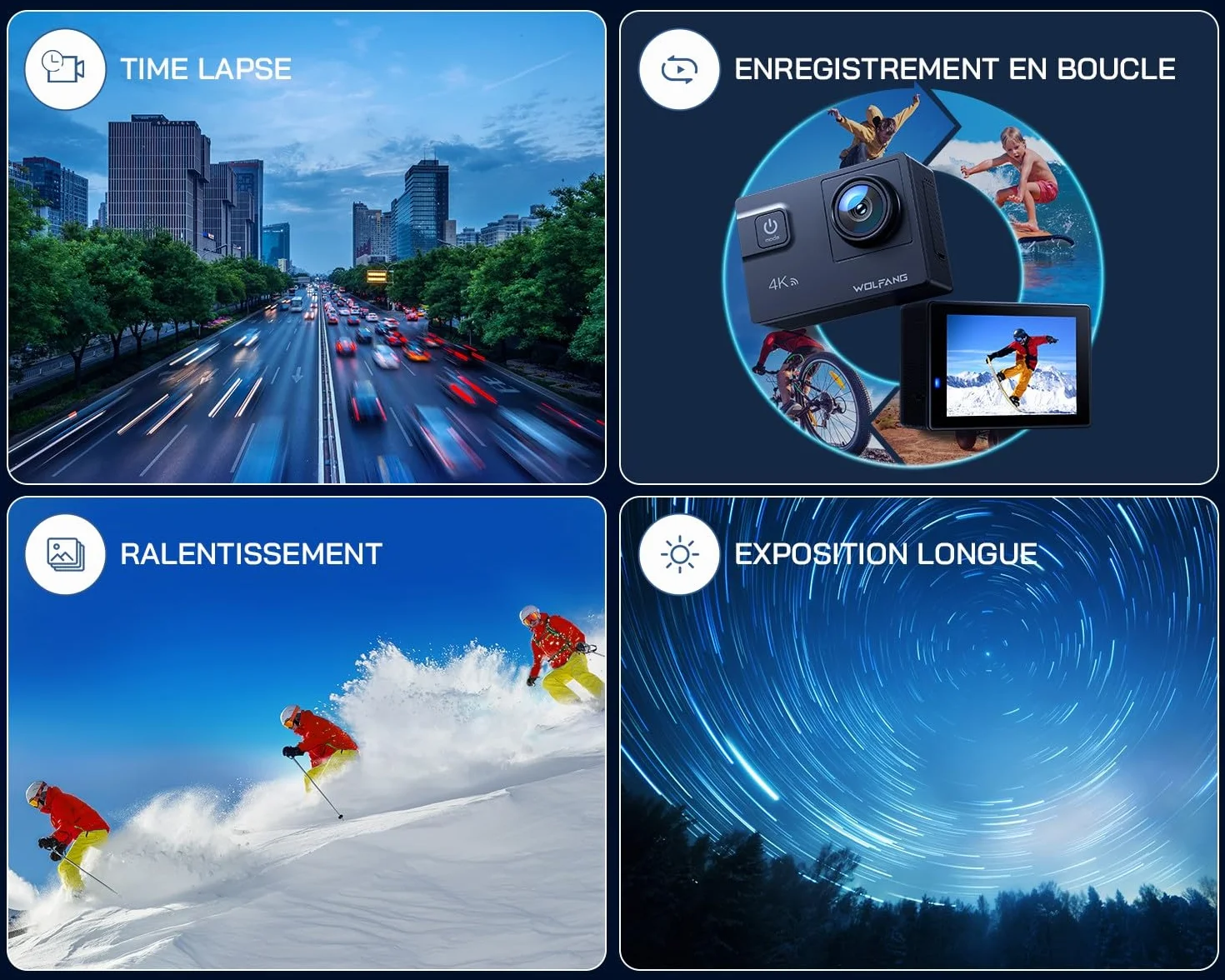 WOLFANG Caméra Sport 4K 60FPS, GA300 24MP Grand Angle Écran Tactile WiFi Caméra Étanche, Zoom 8X Stabilisateur EIS Appareil Photo (Microphone, Télécommande, 2 Piles 1350mAh et Kit d'accessoires)