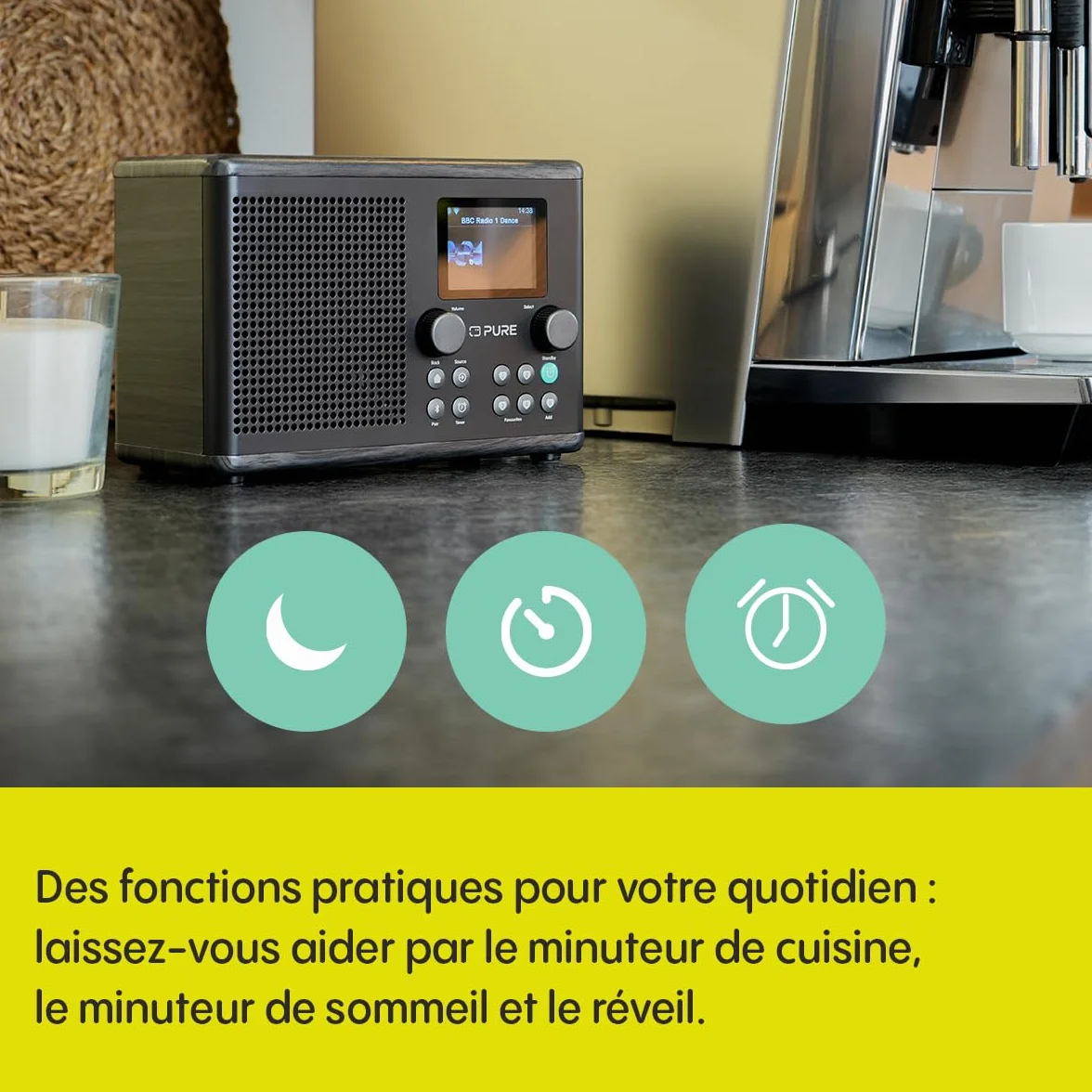 Pure Classic H4i – Radio Internet avec WiFi, Dab+, FM, Bluetooth 5.3 et USB – Haut-Parleur 10 W – Écran Couleur 2,4" – 150 Stations – Minuterie Sommeil et Cuisine – Entrée AUX – Noir