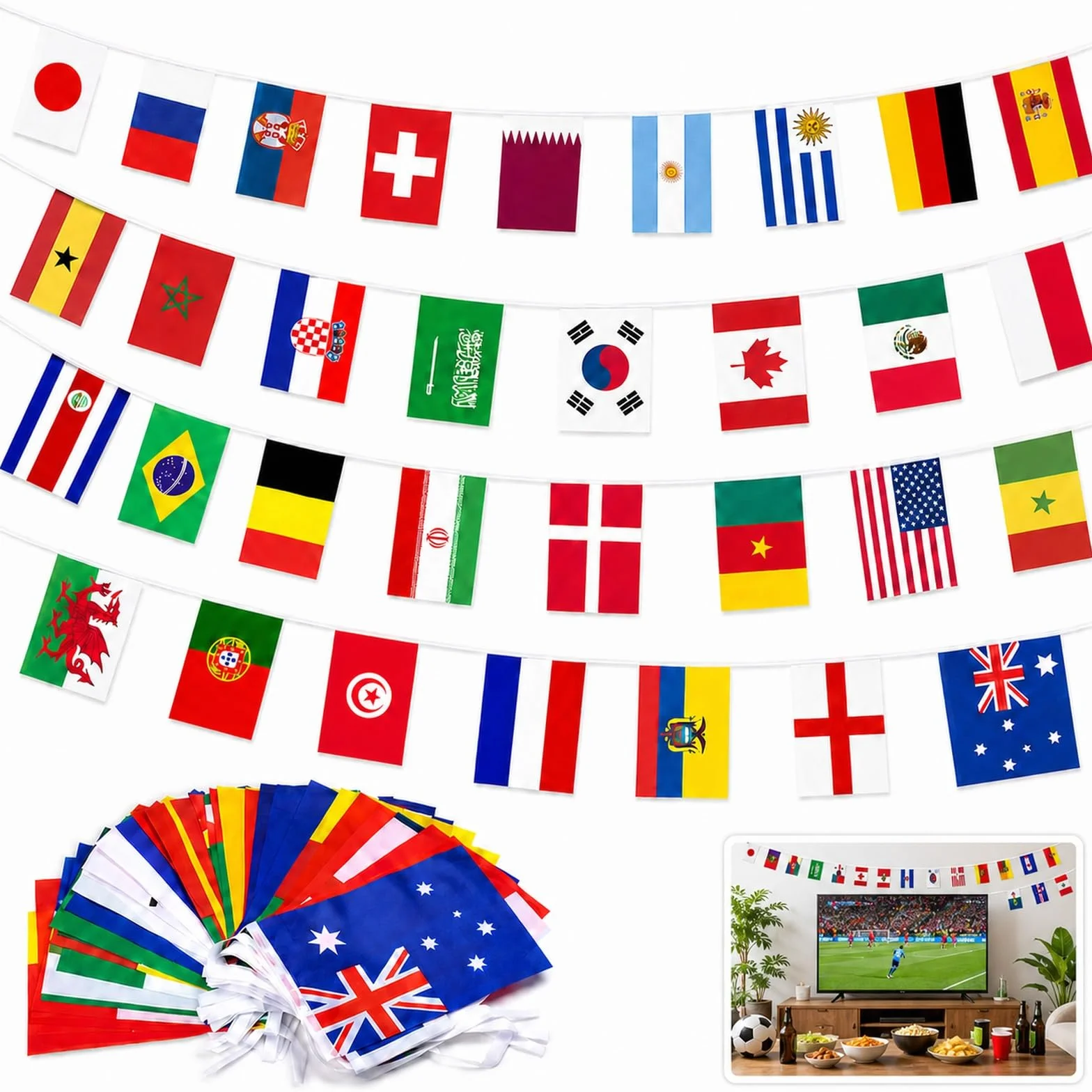 Guirlande Fanions 32 Pays 10m Drapeaux 20x10cm Double Face Bannière Football 2026