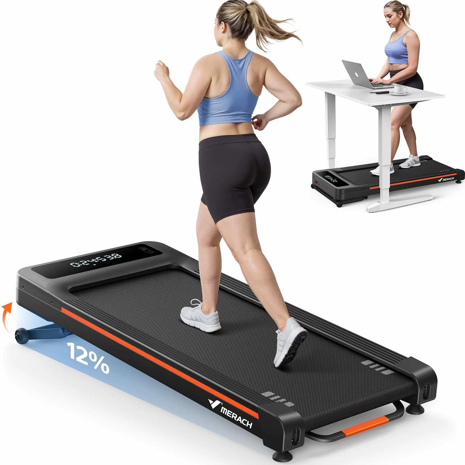 MERACH Tapis de Marche Inclinable Automatique 2.5/3.5HP Motorisé Pente 0%/12% Capacité 120kg/180kg Walking Pad Bureau
