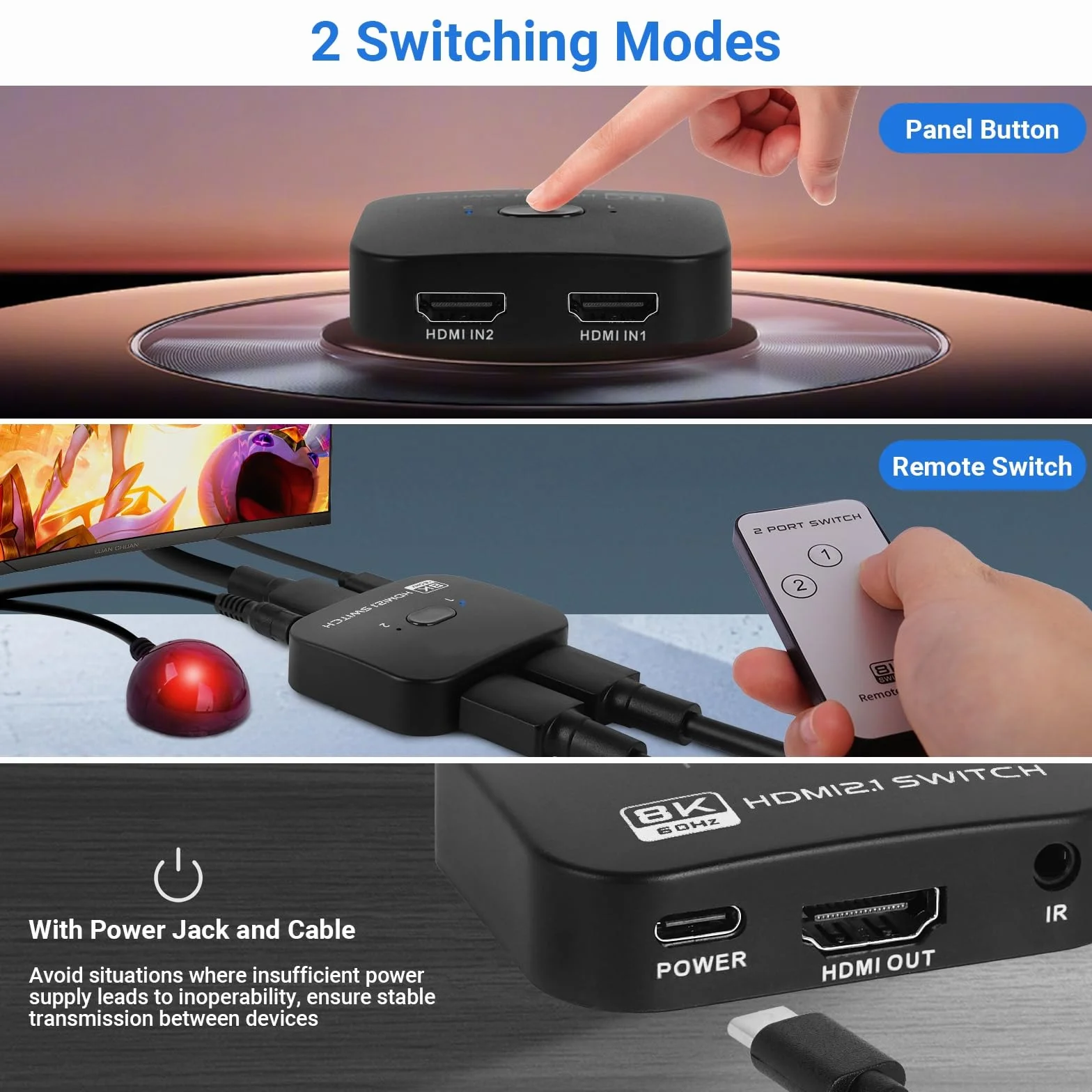 TCNEWCL Switch HDMI 8K 60Hz, 4K 120Hz Répartiteur 1 Entrée 2 Sorties ou Commutateur 2 Entrées 1 Sortie, Splitter 2.1 Bi-Direction, Compatible avec PS5 PS4 Xbox Lecteur Blu-Ray PC