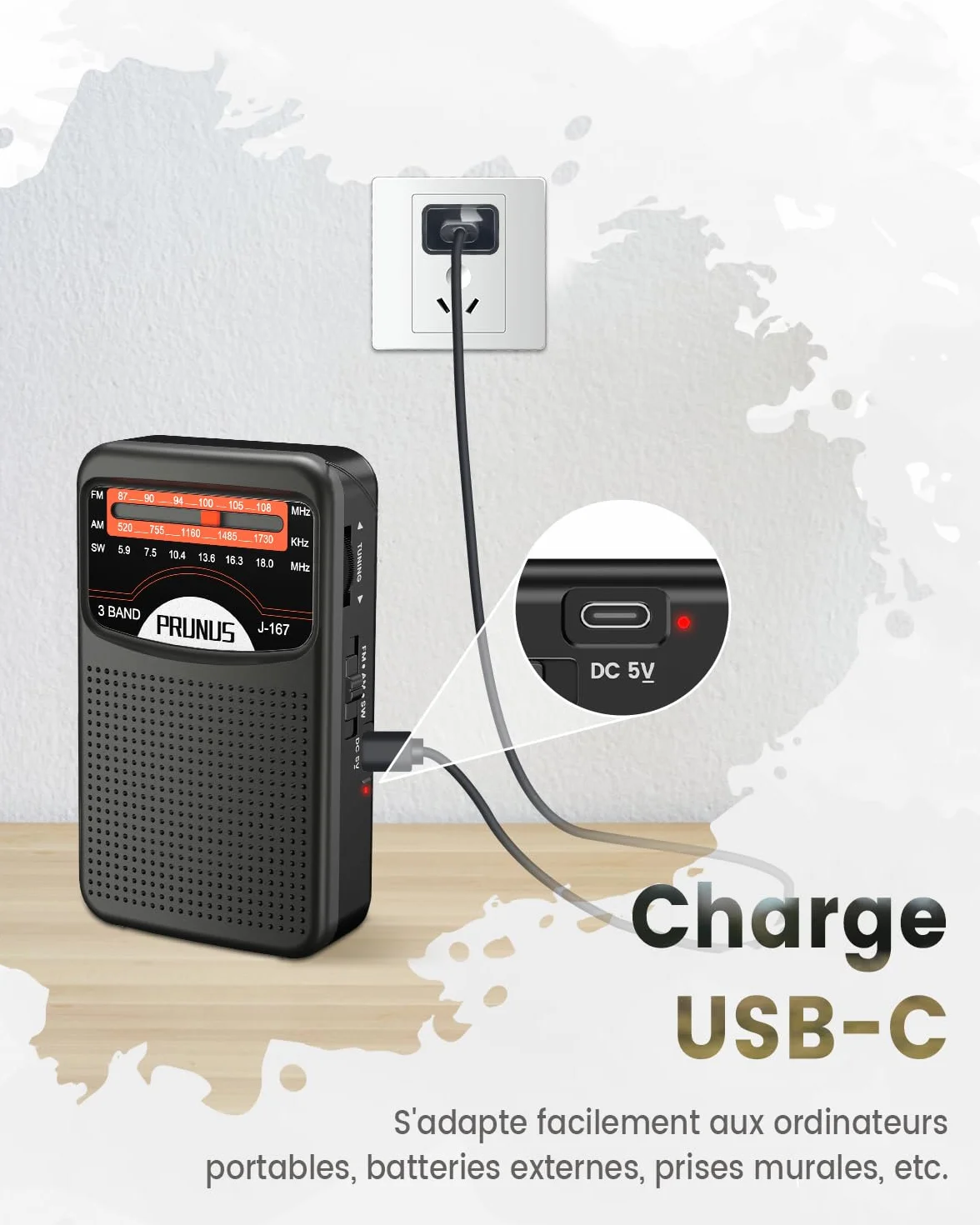 PRUNUS J-167 Petite Radio Portable FM Rechargeable USB-C
