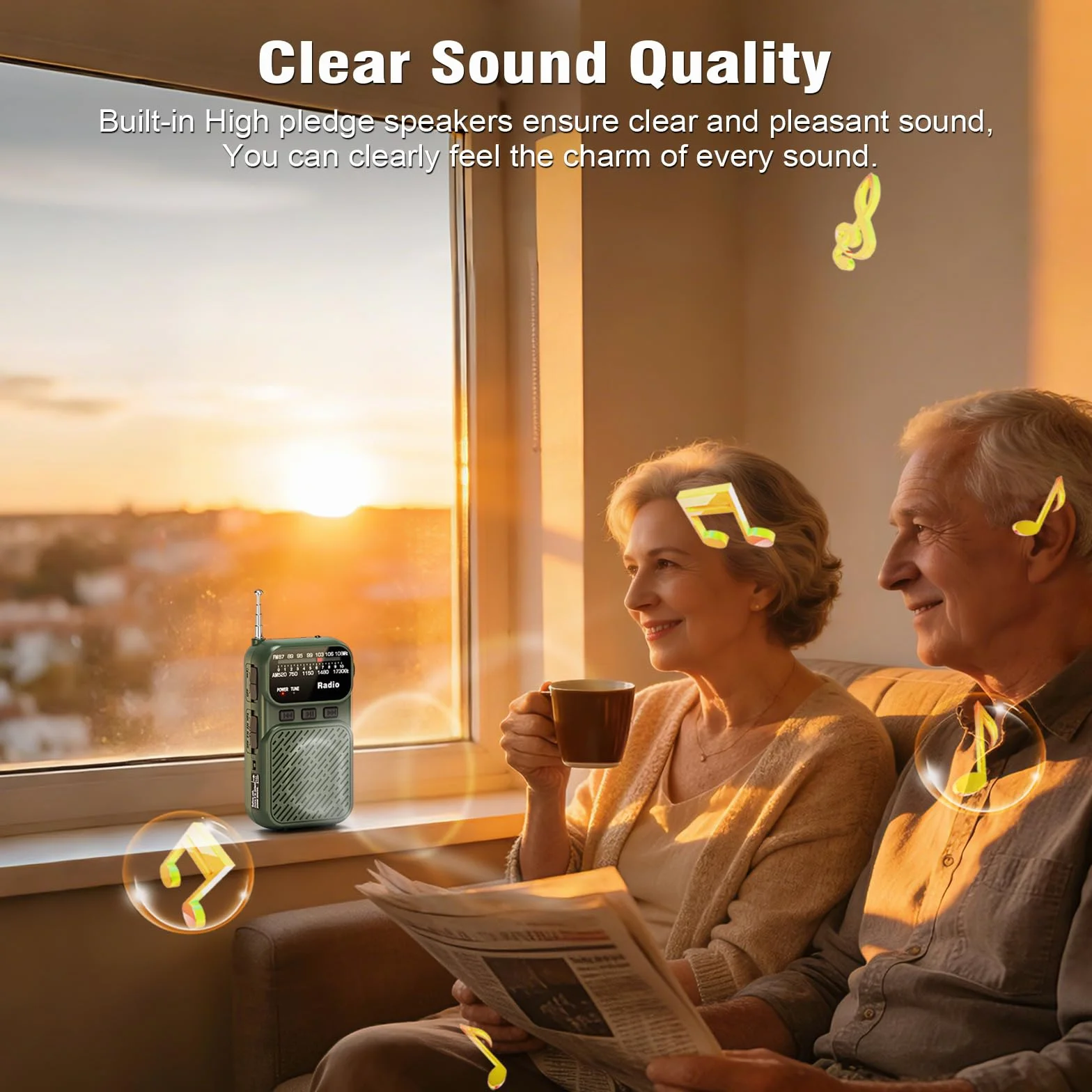Tendak Mini Radio à Piles AM/FM/FM Bluetooth Portable 1200 mAh USB-C Vert