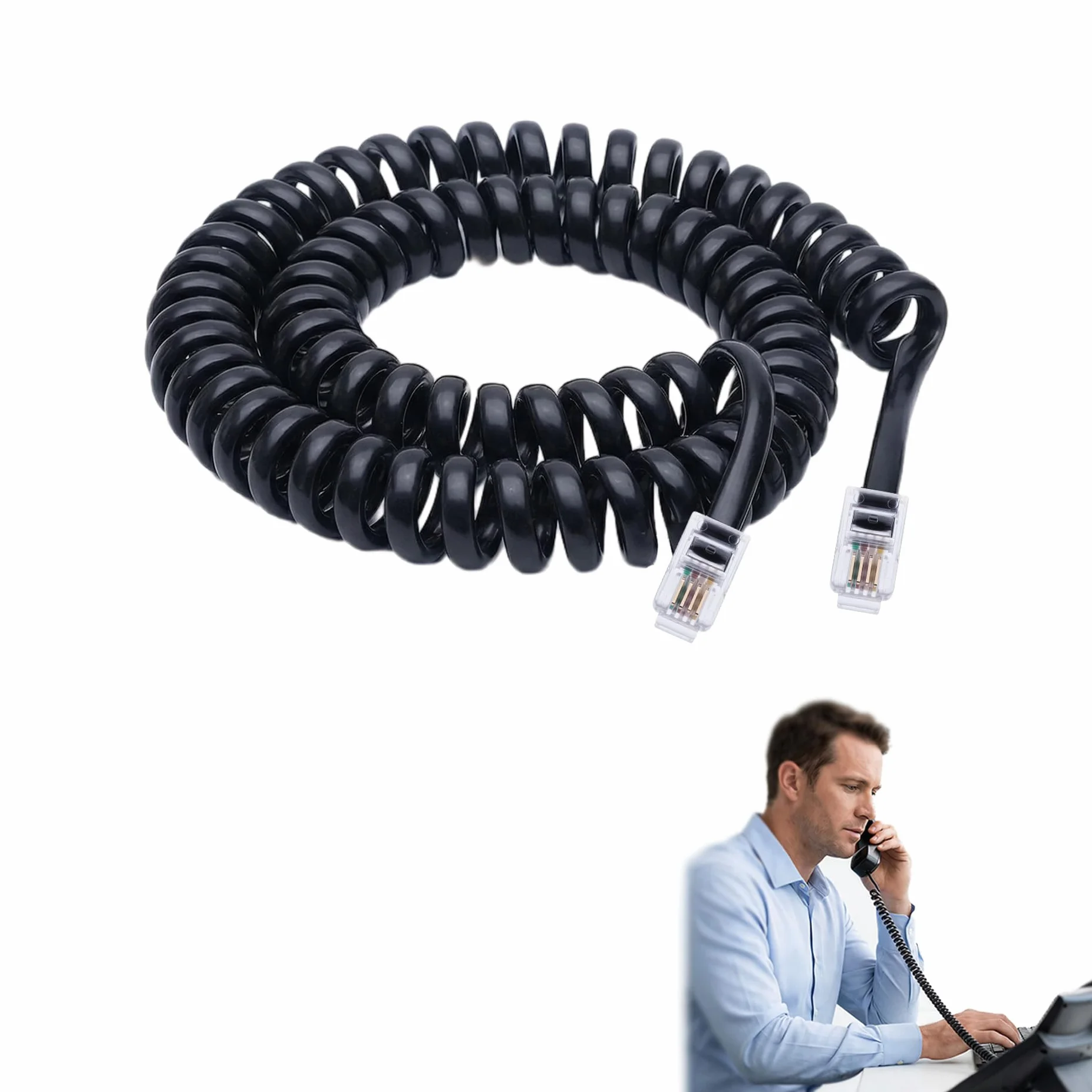5M Câble téléphonique RJ10 incurvé à ressort en spirale pour combiné téléphonique 5m pour combiné Téléphonique Compatible avec AT&T, Cisco, NEC, ROLM, ITT, TI Téléphones Fixes (Noir)