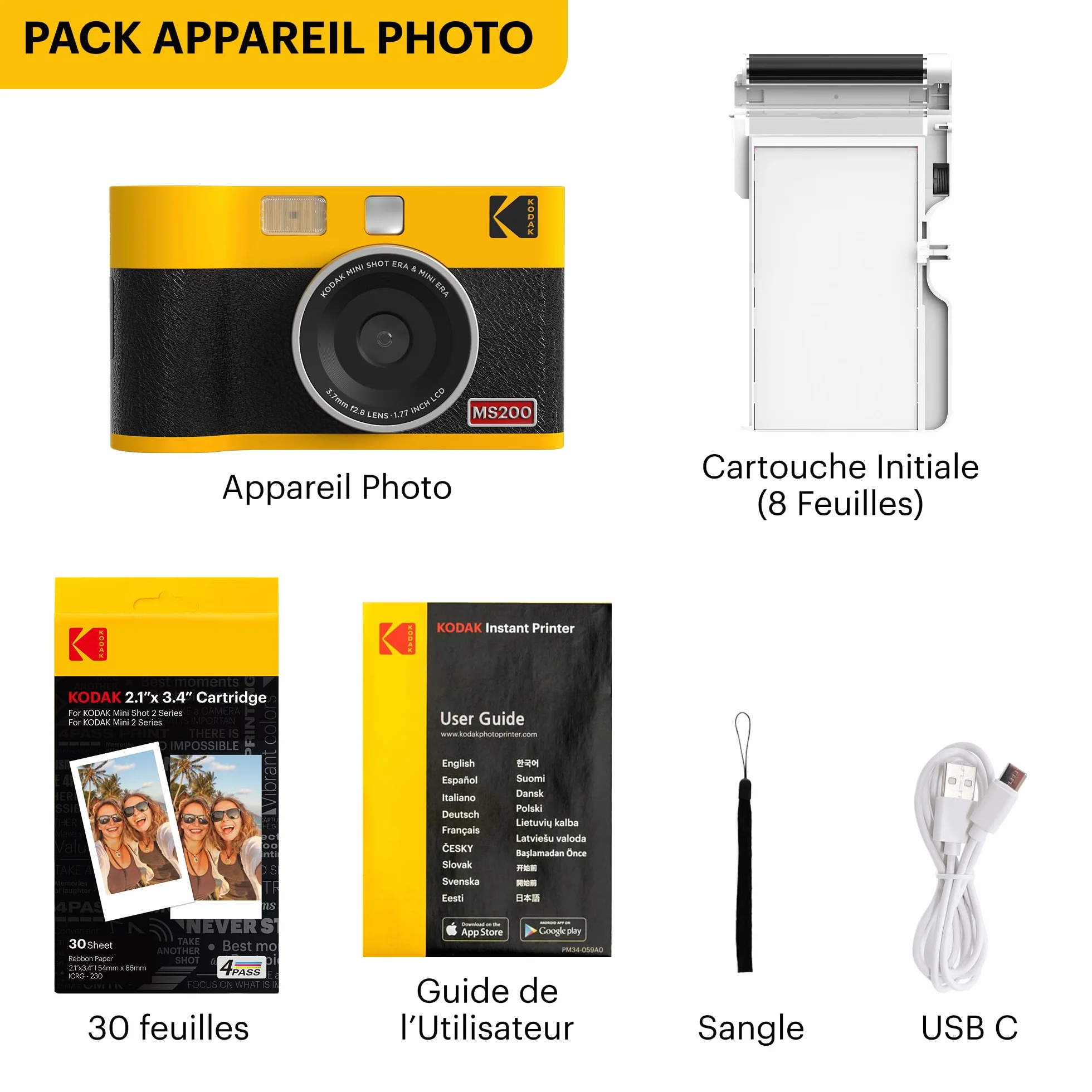 KODAK Mini Shot 2 Era 4PASS 2-in-1 Appareil Photo Instantané et Imprimante Photo Portable (5,3x8,6cm) (Appareil Photo + Paquet avec 38 Feuilles, Noir)