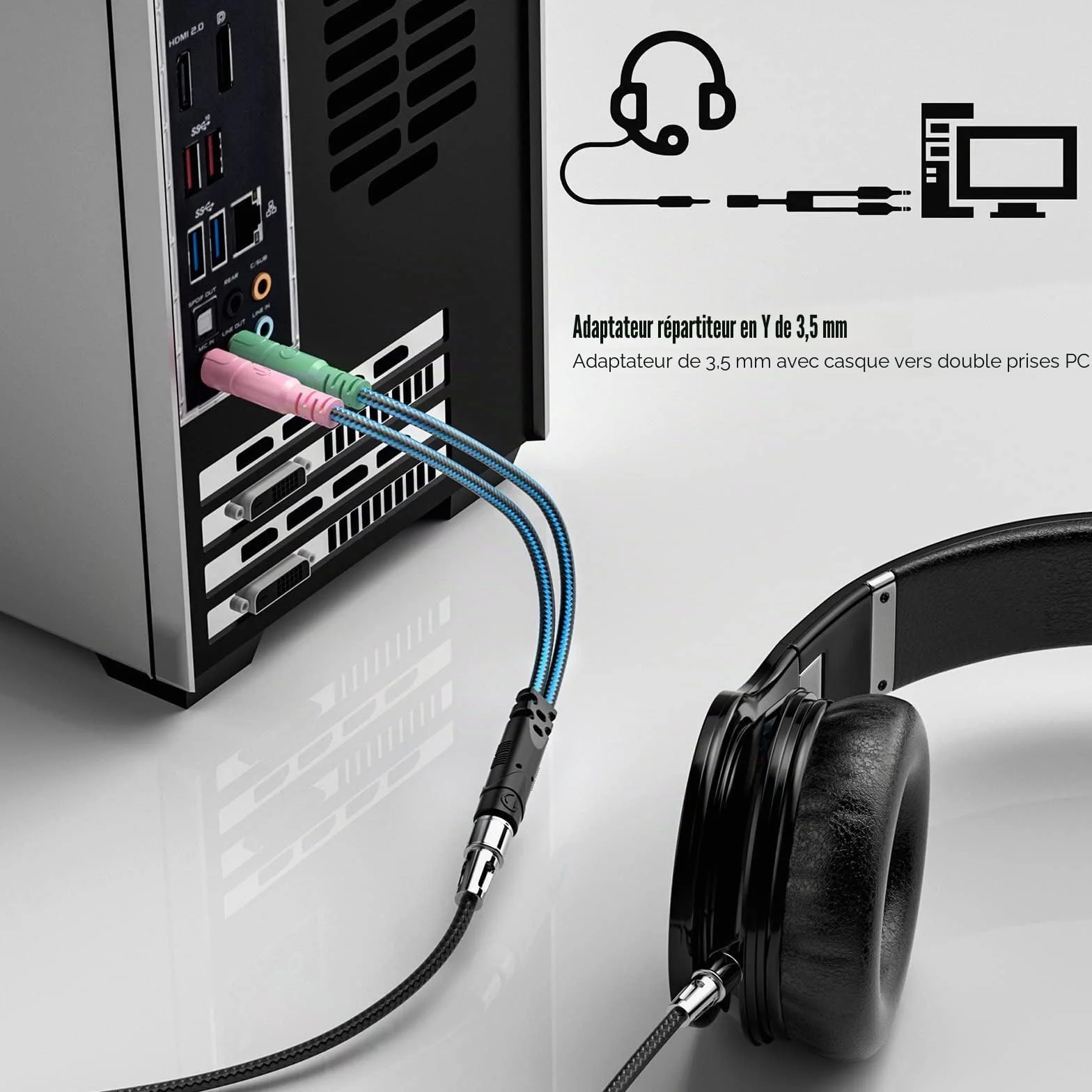 ENVEL Adaptateur Jack Micro Casque Audio Stéréo 3,5mm Splitter Femelle à 2 Double Mâle Câble Nylon tressé 22cm