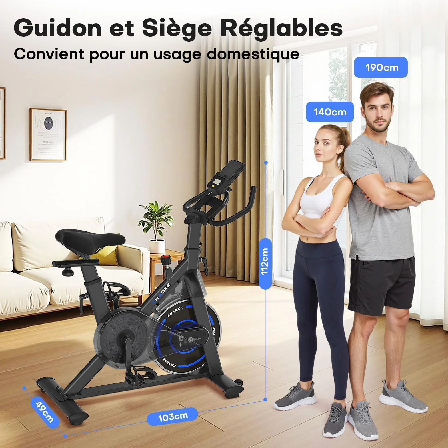 CHAOKE Vélo d'appartement Silencieux Résistance Magnétique Réglable App écran LCD Capacité 150KG