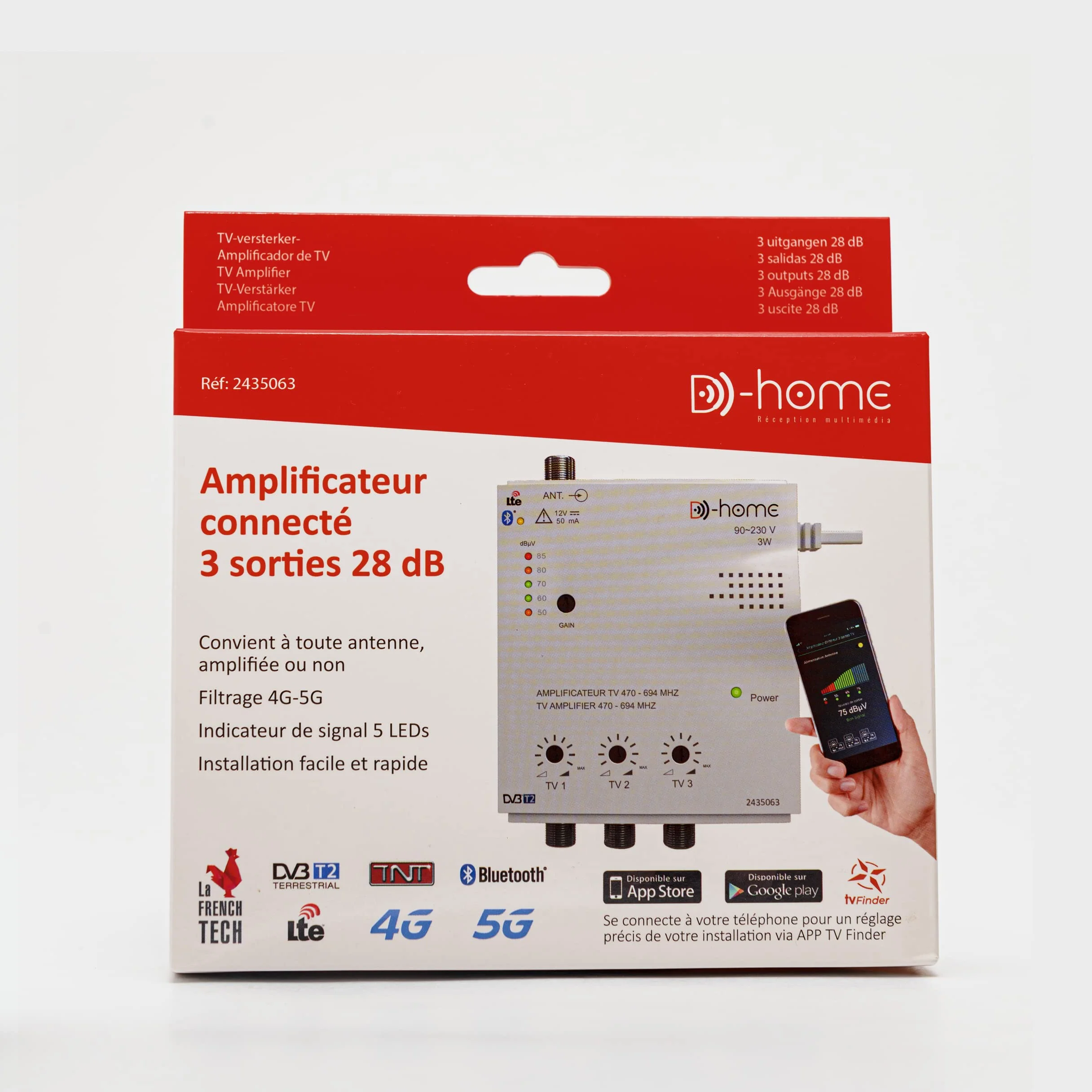D-Home - Amplificateur TV TNT Intérieur 3 Sorties 28dB Connecté Filtré 4G-5G - Fonctionne avec App Mobile TV Finder pour Trouver le Meilleur Signal Disponible. Pour Toute Antenne