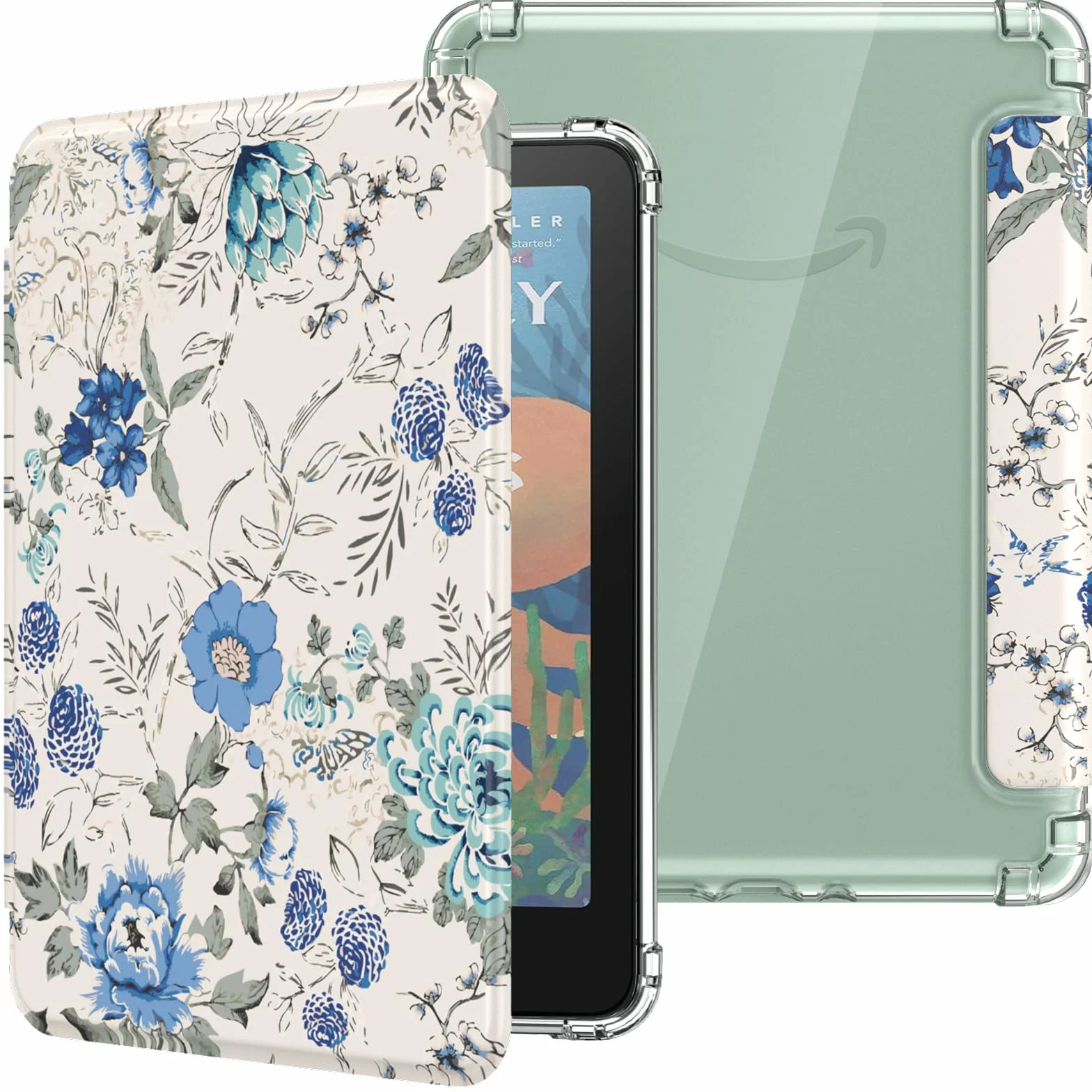MoKo Coque pour 7" Kindle Paperwhite 12 Gén Modèle 2024 et Kindle Colorsoft Signature Edition 2024, Étui de Protection Ultra Clair en TPU Souple et Transparent avec Auto Réveil/Sommeil, Blanc & Bleu