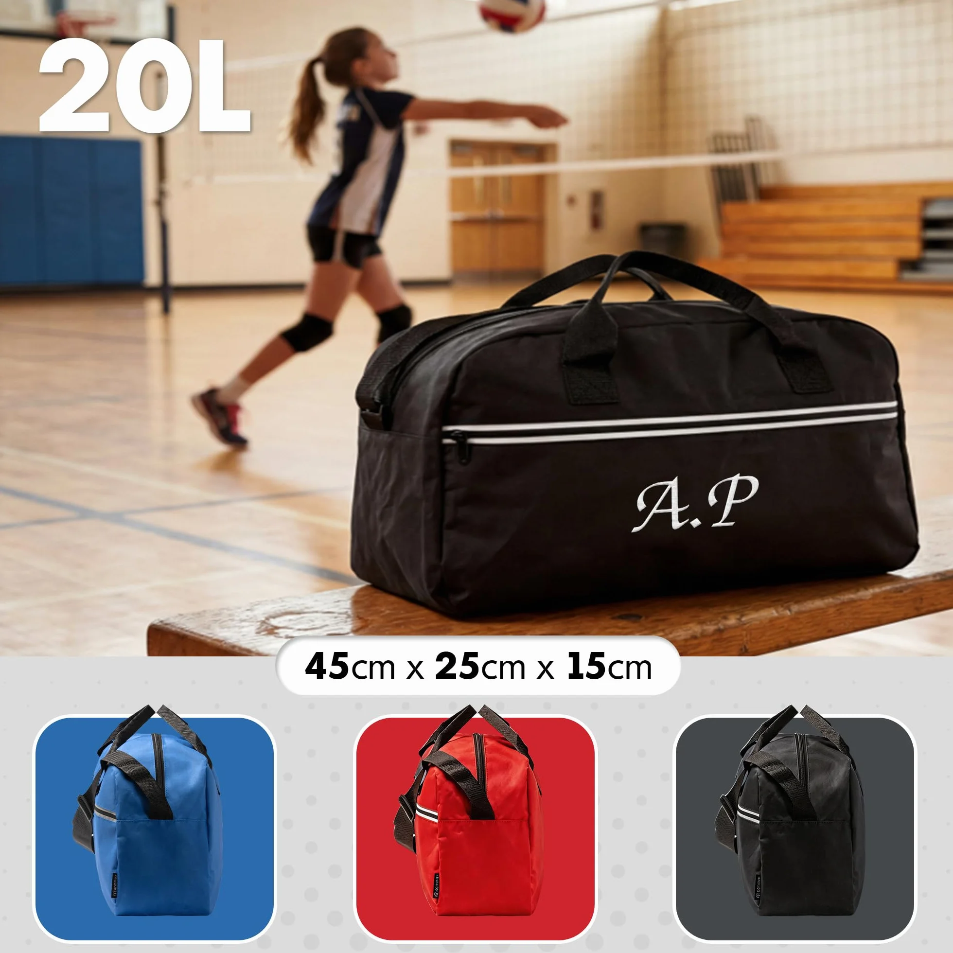 Sac de Sport Enfant personnalisé 20L Brodé avec prénom - Sac Sport et Vacances avec Sac à Chaussures Noir