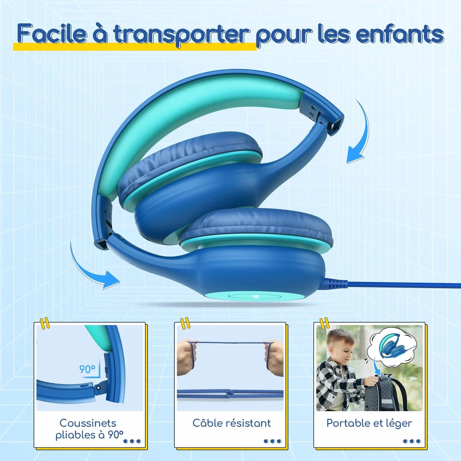EarFun Casque Audio Enfant Filaire, Limiteur de Volume 85dB, Partage Audio, Pliable et Réglable, Confortable, Jack 3,5 mm, Casque Enfants pour École/Voyage/Téléphone, Bleu-Vert