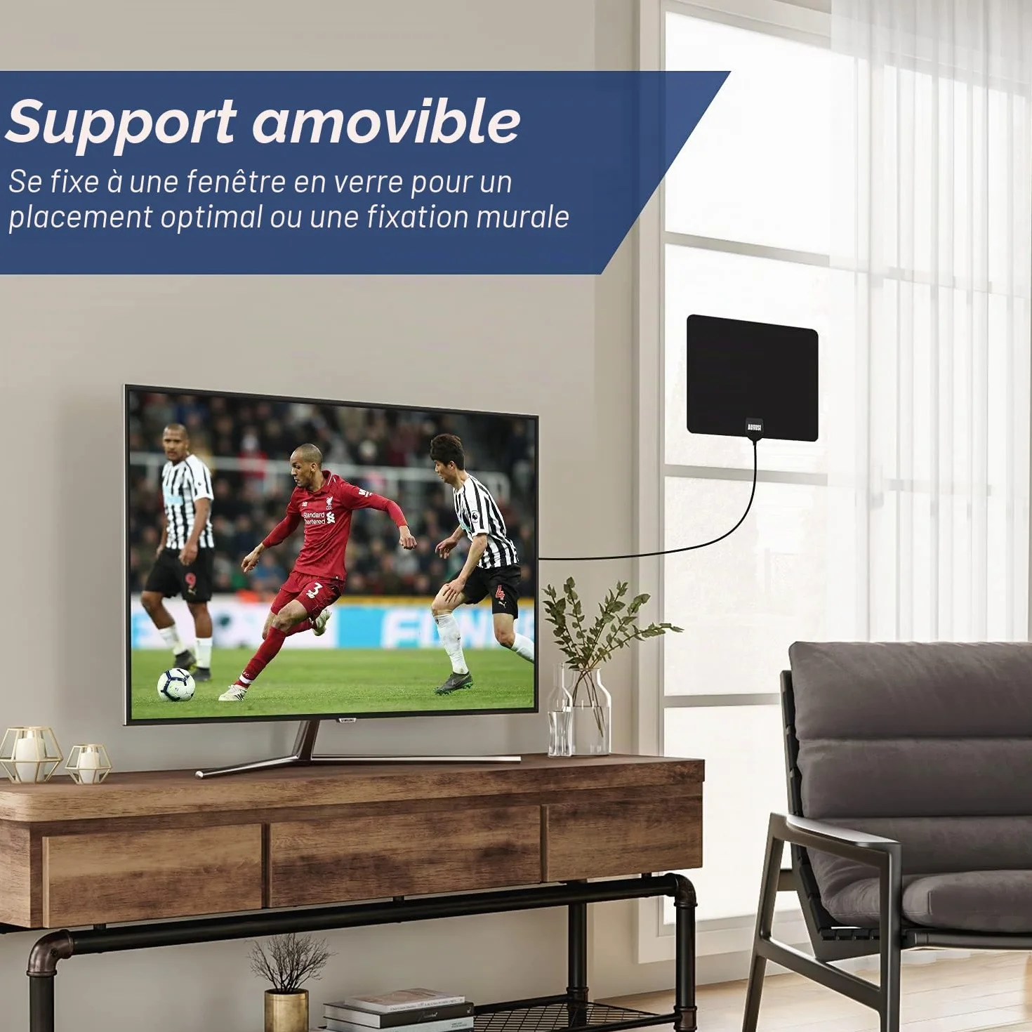 August DTA450 Antenne TV d’Intérieur TNT HD Puissante Numérique avec Câble 3m UHV VHF Noir