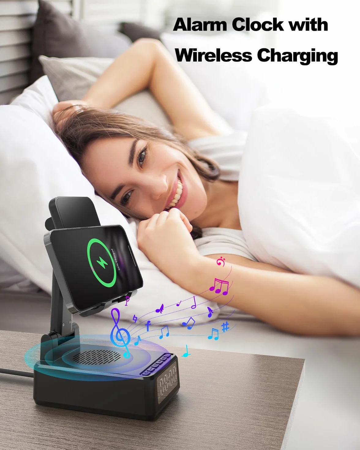Enceinte Bluetooth Portable 5 en 1 avec Reveil Matin, Chargeur sans fil, Support pliable pour téléphone