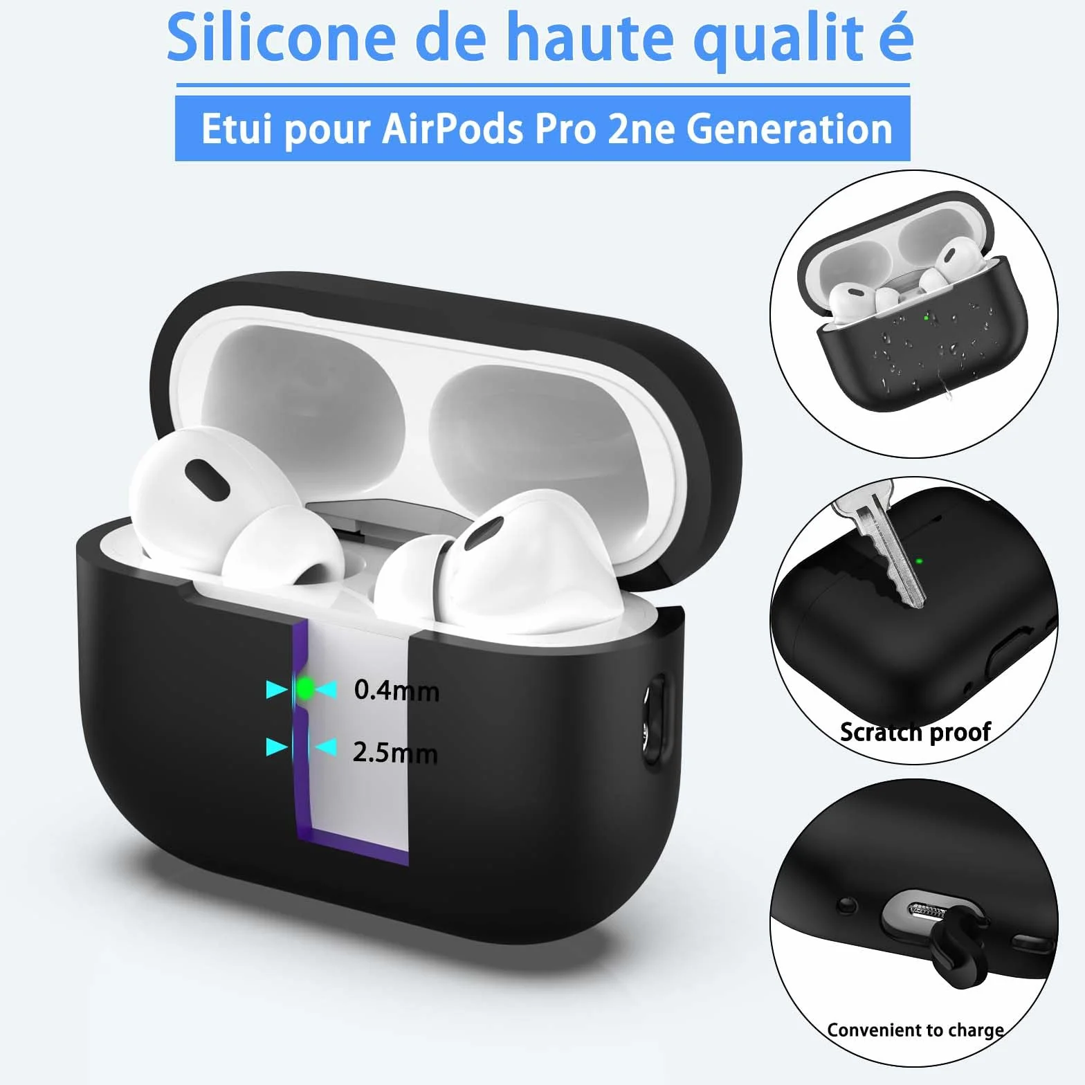 Coque pour AirPods Pro 2e génération Silicone Anti-Chute Noir avec Porte-clés