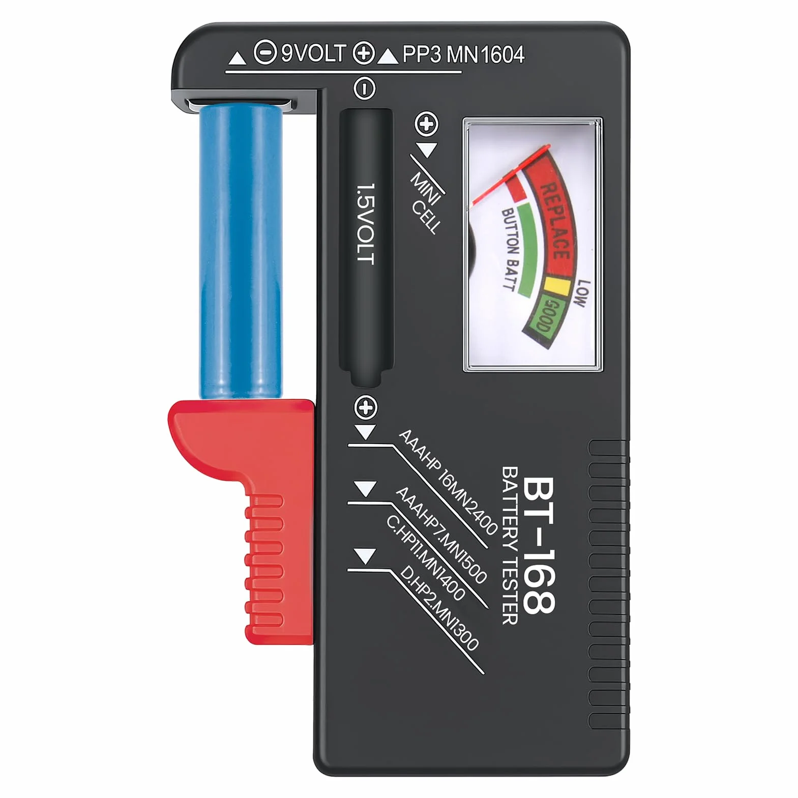 Testeur de Piles Universel, Testeur de Numérique Pointeur Piles pour AA AAA C D 9V 1.5V Batterie Bouton Vcontrôleur de Tension de Batterie Fonctionne Sans Pile Précis et Portable (Modèle: BT-168)