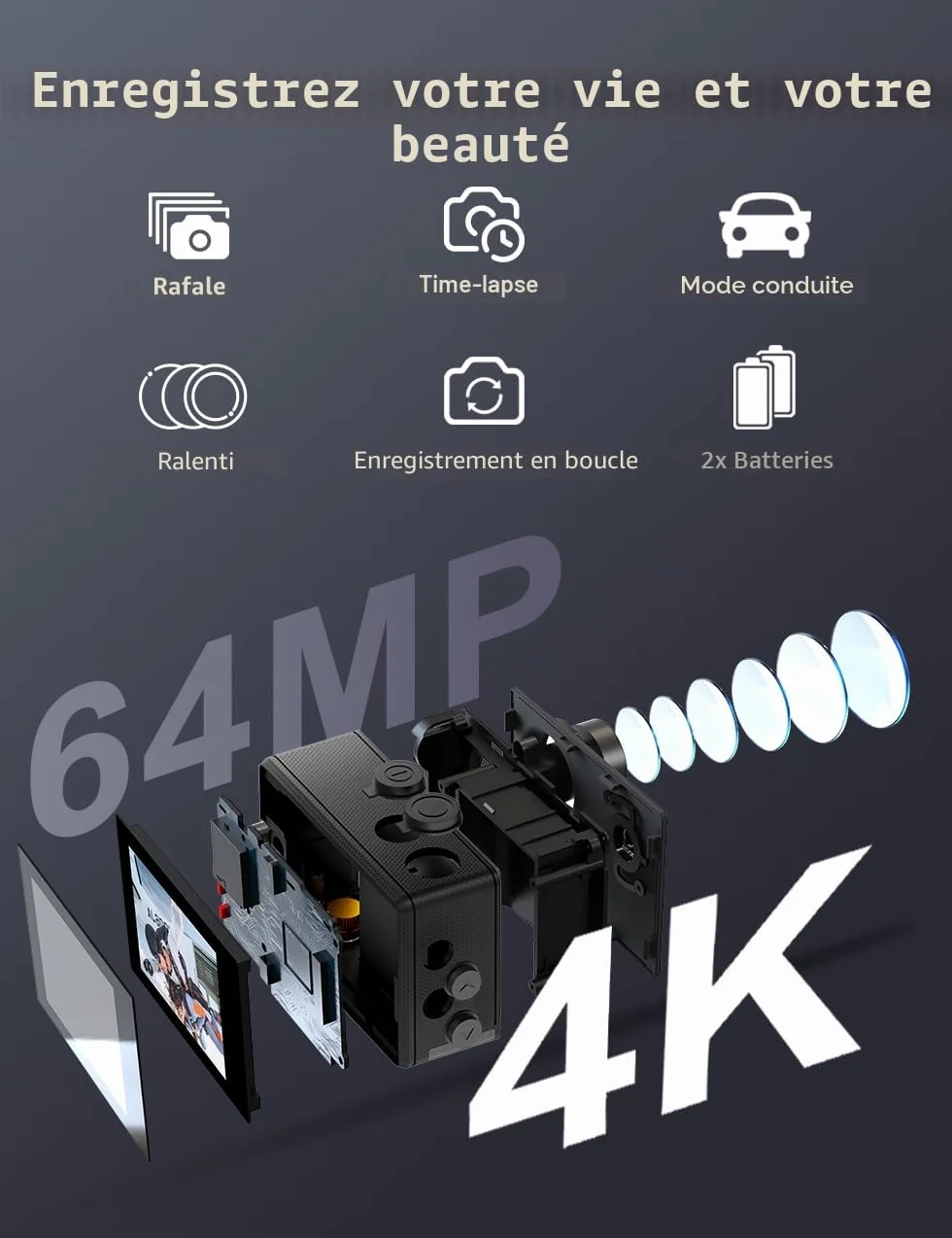 Apexcam Caméra Sport 4K 60fps Action Cam WiFi Étanche 40M Ultra HD avec 2 Batteries et Kit Accessoires