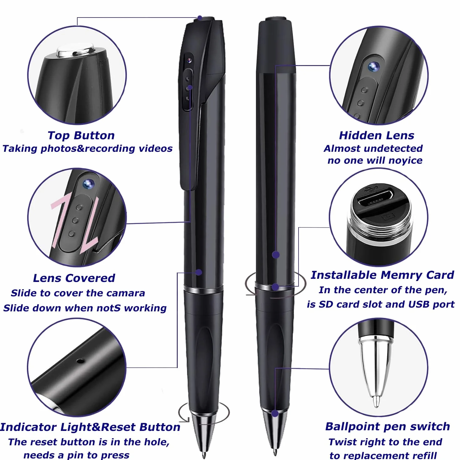 Mini Camera Espion, 1080p HD Caméra Cachée Stylo Mini Caméra de Poche Surveillance Spy Camera avec Enregistrement Vidéo Prise de Photo et 90 Mins d'Autonomie