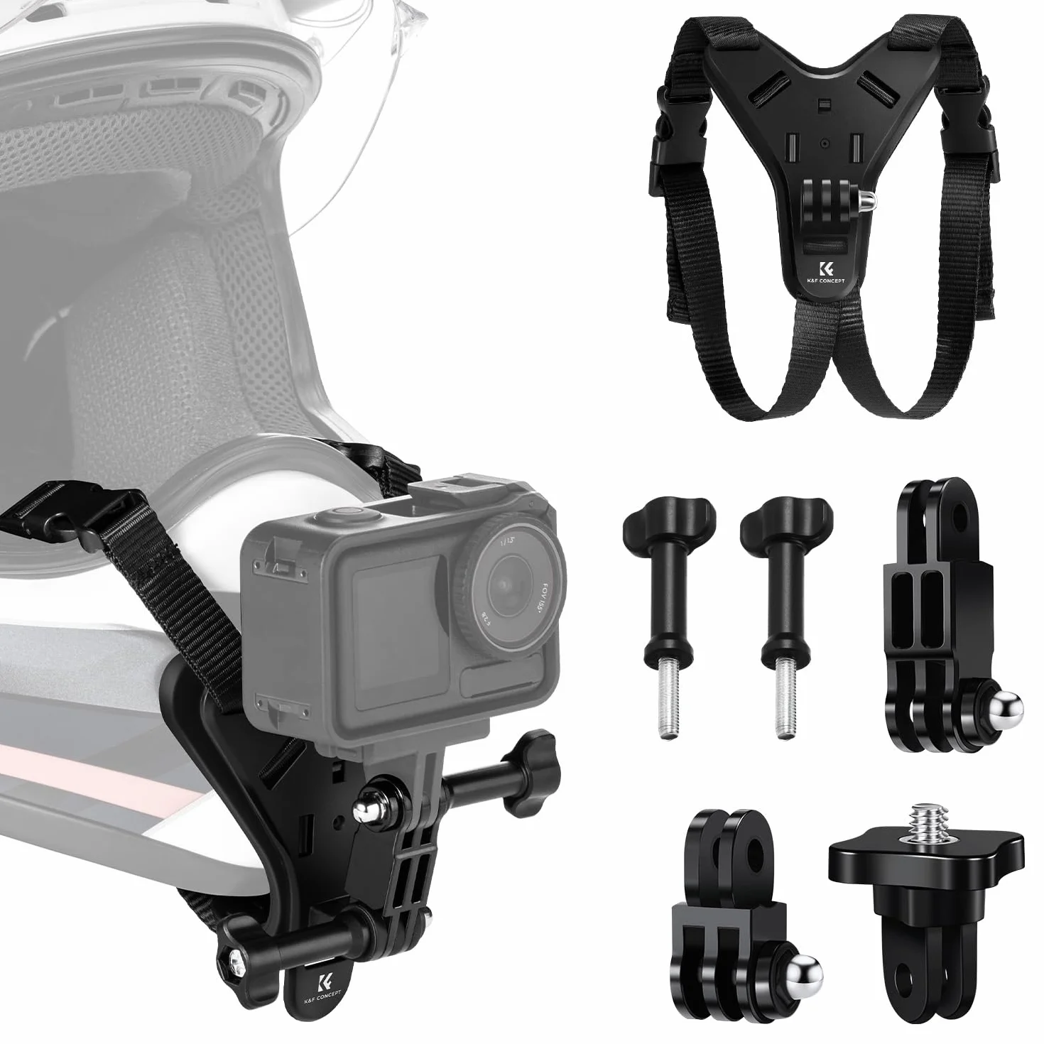 K&F CONCEPT Support de Casque de Moto pour Menton Compatible avec GoPro Hero 13/12/11/10/9/8/7, DJI Osmo Action 6/5 Pro/4/3/360, Insta360 Ace Pro/2/X5/X4/X3, AKASO, Base en Y, Silicone antidérapant