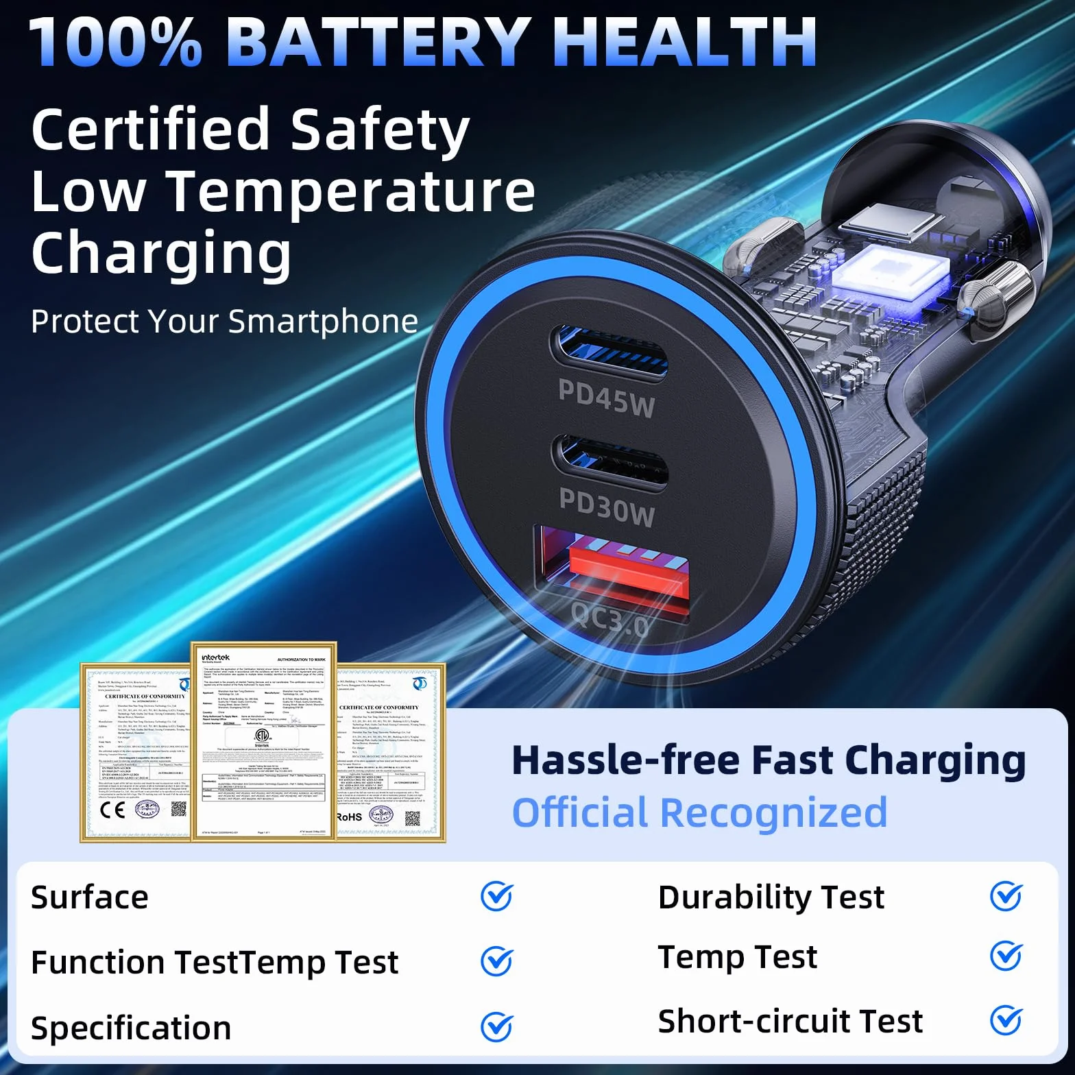 Chargeur Allume Cigare USB C 3 Ports 93W PD QC 3.0 Chargeur Voiture Charge Rapide Prise Allume Cigare 12V,pour iPhone iPad Samsung Huawei Xiaomi Tabletetc