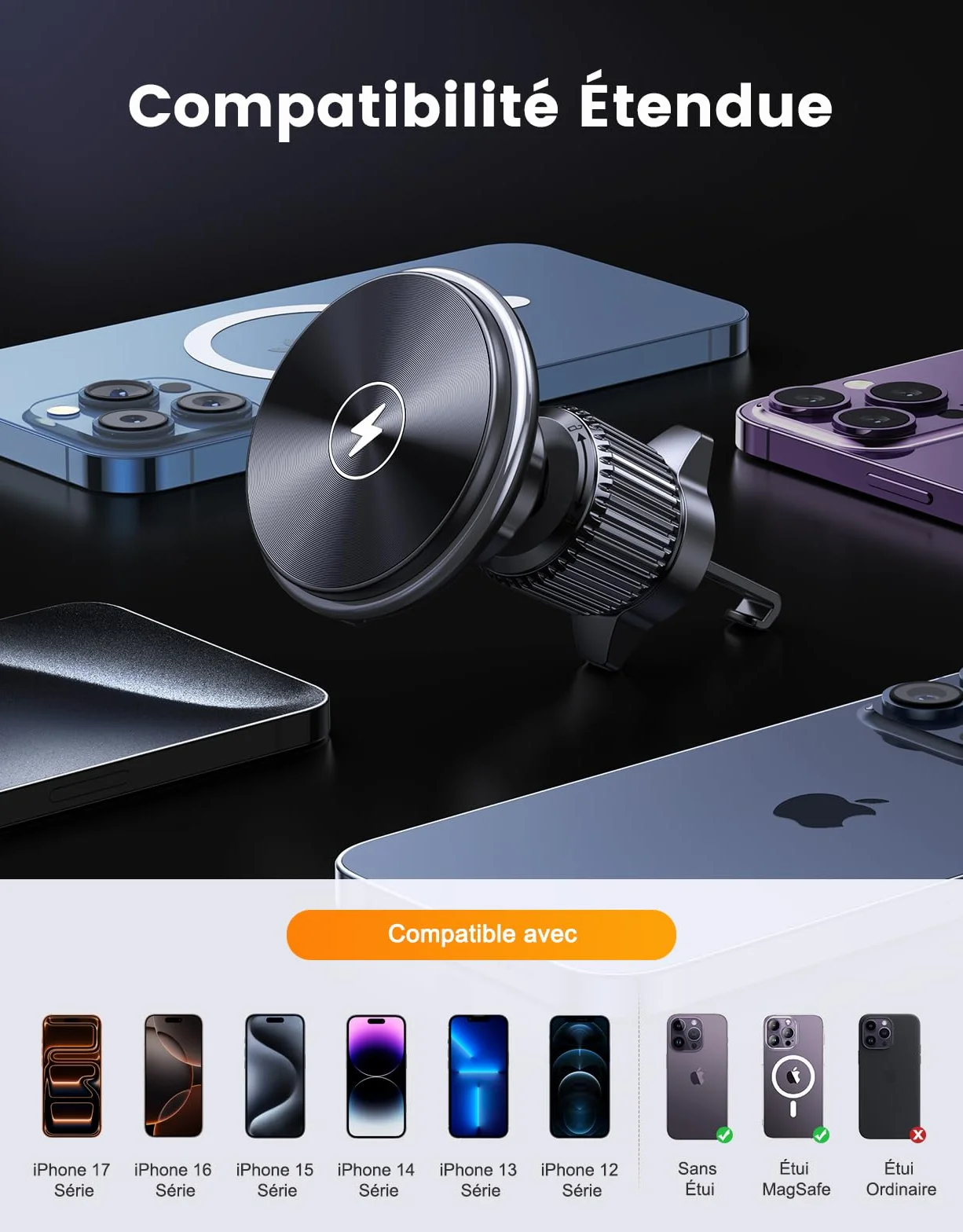EOIWUY Support Telephone Voiture Induction, 15W Rapide Chargeur Compatible avec Magsafe Voiture, Rotation 360° & Grille d'Aération Chargeur sans Fil Voiture Compatible avec iPhone 17/16/15/14 Series