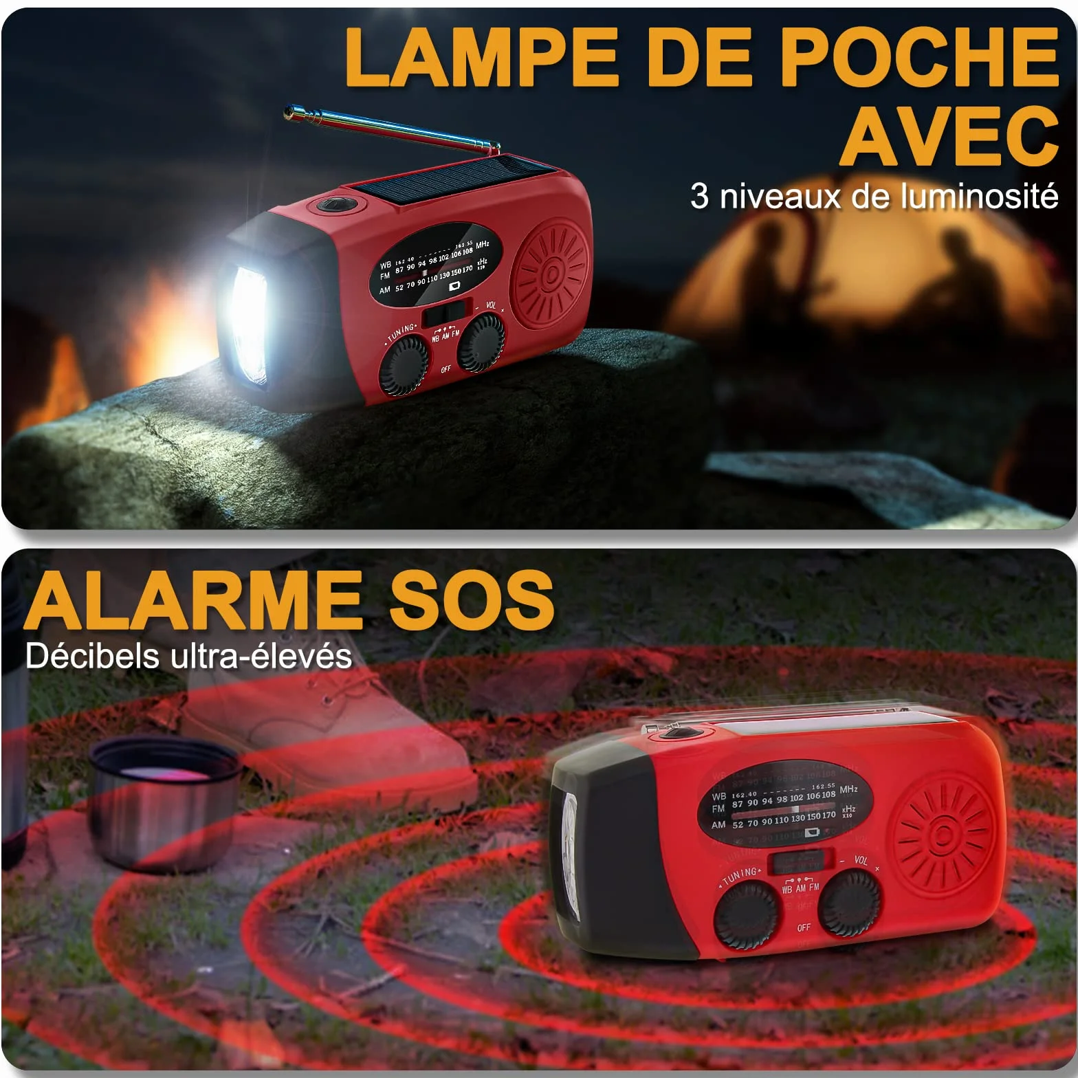 Radio Solaire Portable d'Urgence Météo 2000mAh Manivelle AM/FM/NOAA Dynamo IPX3 Charge Téléphone Lampe LED Alarme SOS Câble USB Randonnée Camping Rouge