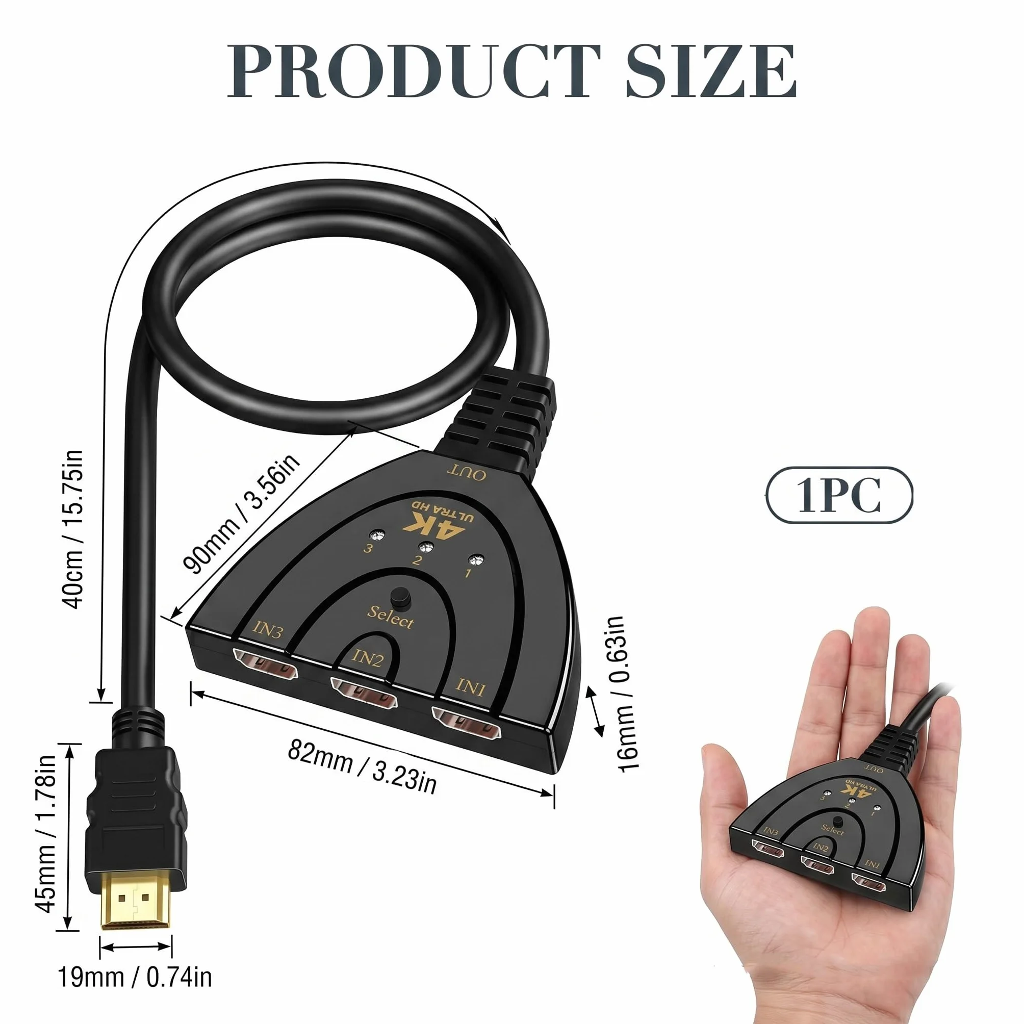 Ruvan Switch HDMI 4K, Multiprise HDMI 3 Entrées 1 Sortie avec, Commutateur HDMI Automatique Ultra HD 1080P 3D HDR, Multi HDMI pour TV, PS5, PS4, Blu-Ray, PC