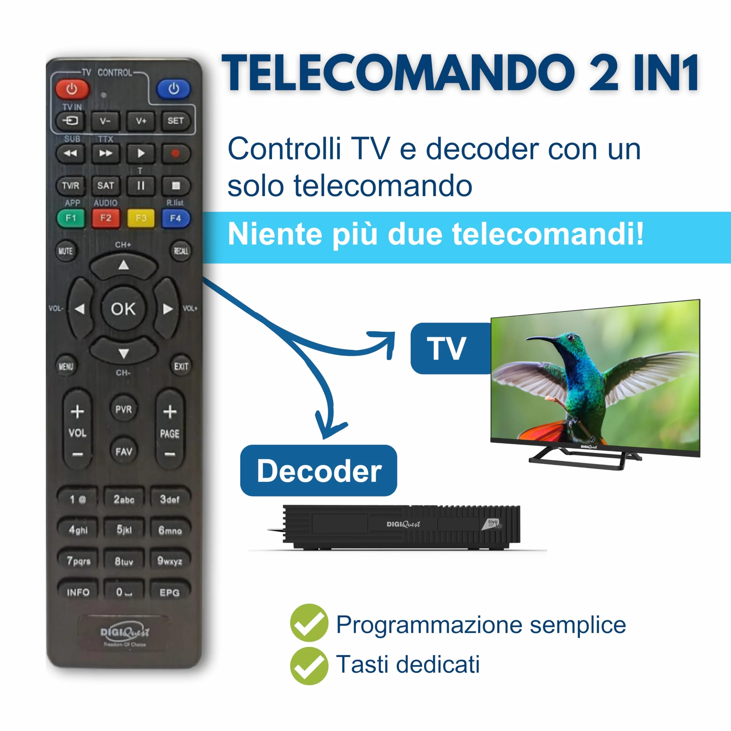DIGIQUEST Décodeur tivùsat Combo 4K Q99 Satellite Terrestre HbbTV HEVC Main 10 Enregistrement Télécommande Smartcard Merlin
