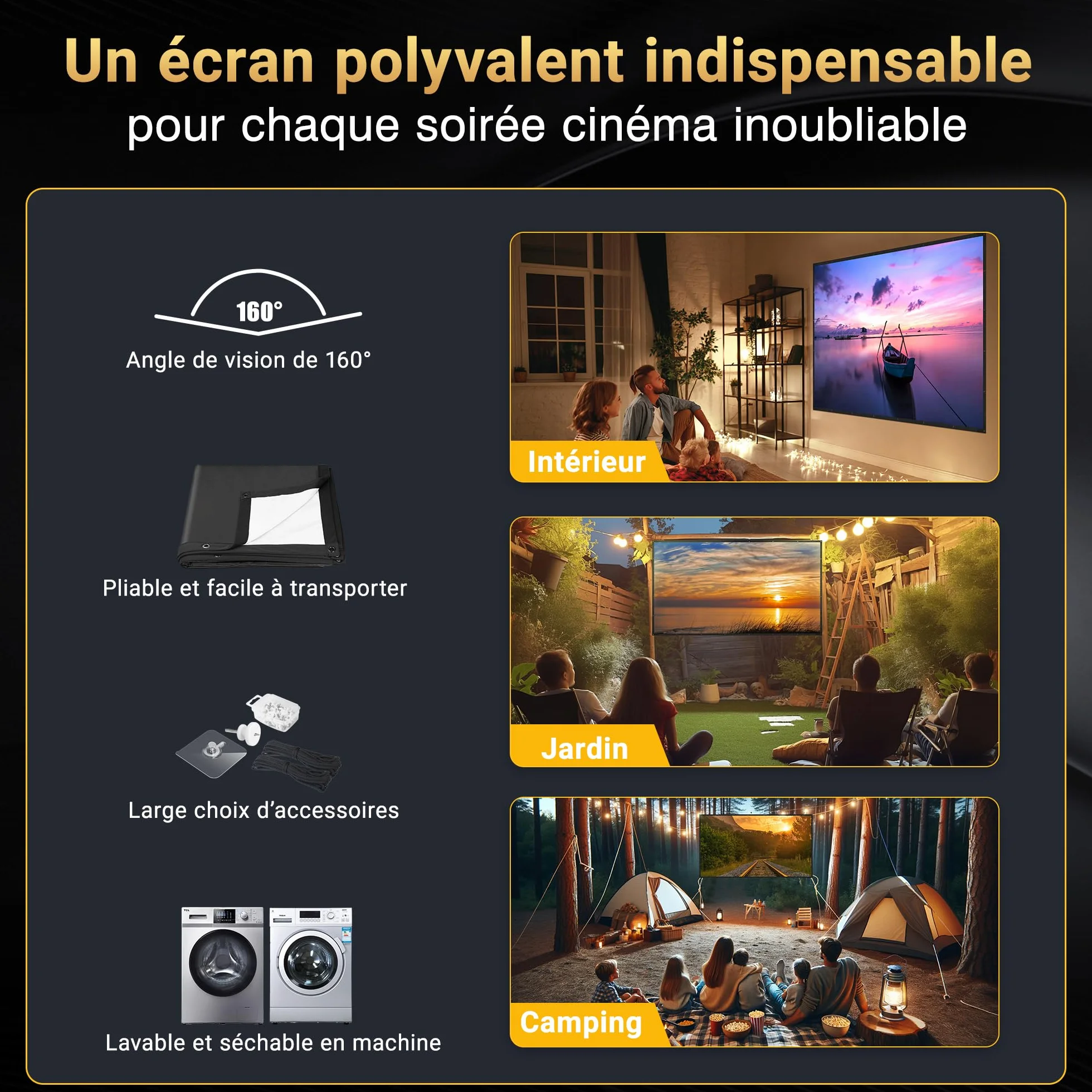 IOLIEO Écran de Projection 100 Pouces 16:9 Dos Noir Pliable Lavable Anti-Pli