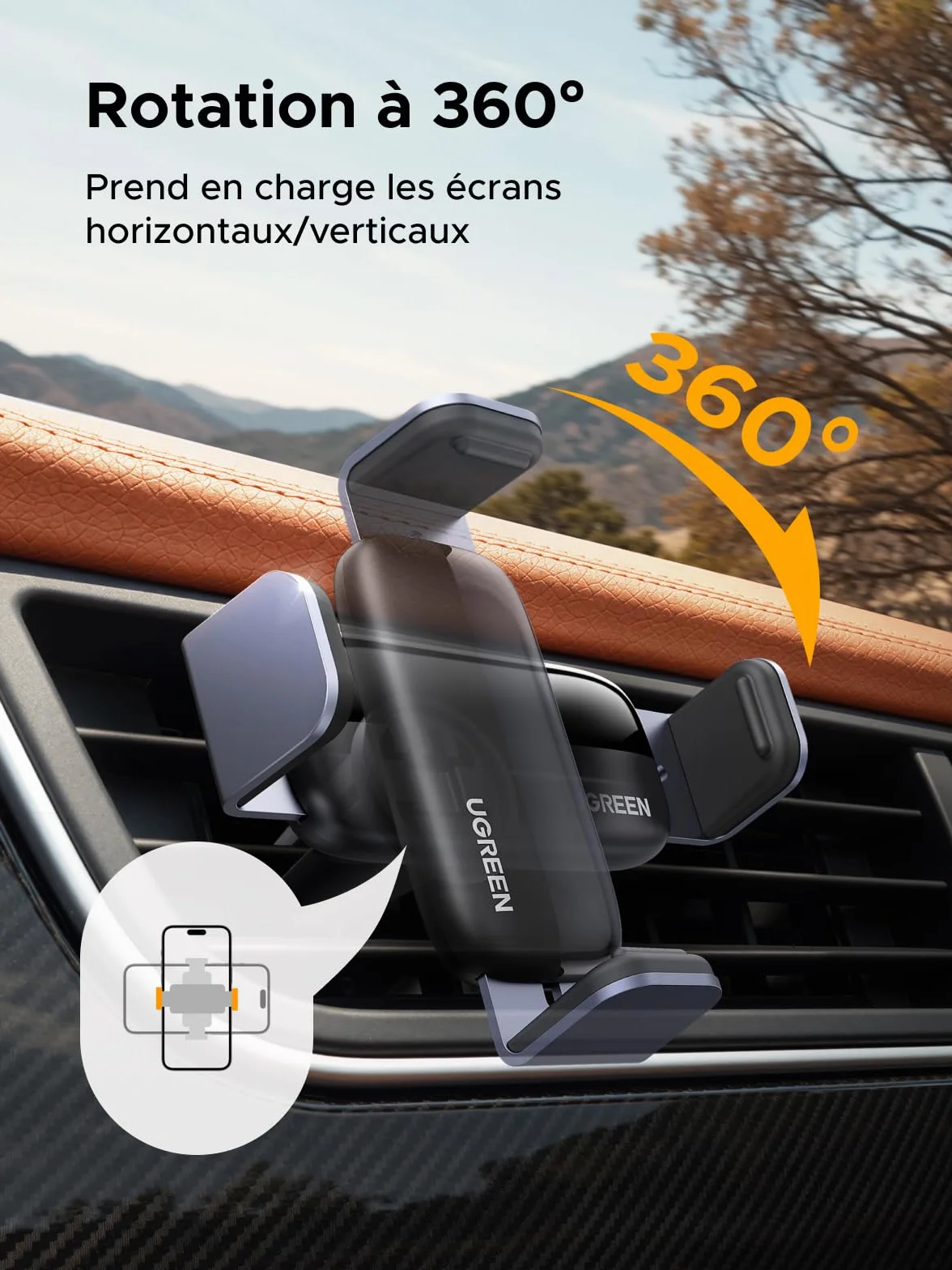 UGREEN Support Téléphone Voiture Gravité Grille Aération Porte Smartphone Voiture Ventilation Accroche Téléphone Auto Compatible avec iPhone 17 Pro Max Air 16 15 14 Galaxy S25 Ultra S24