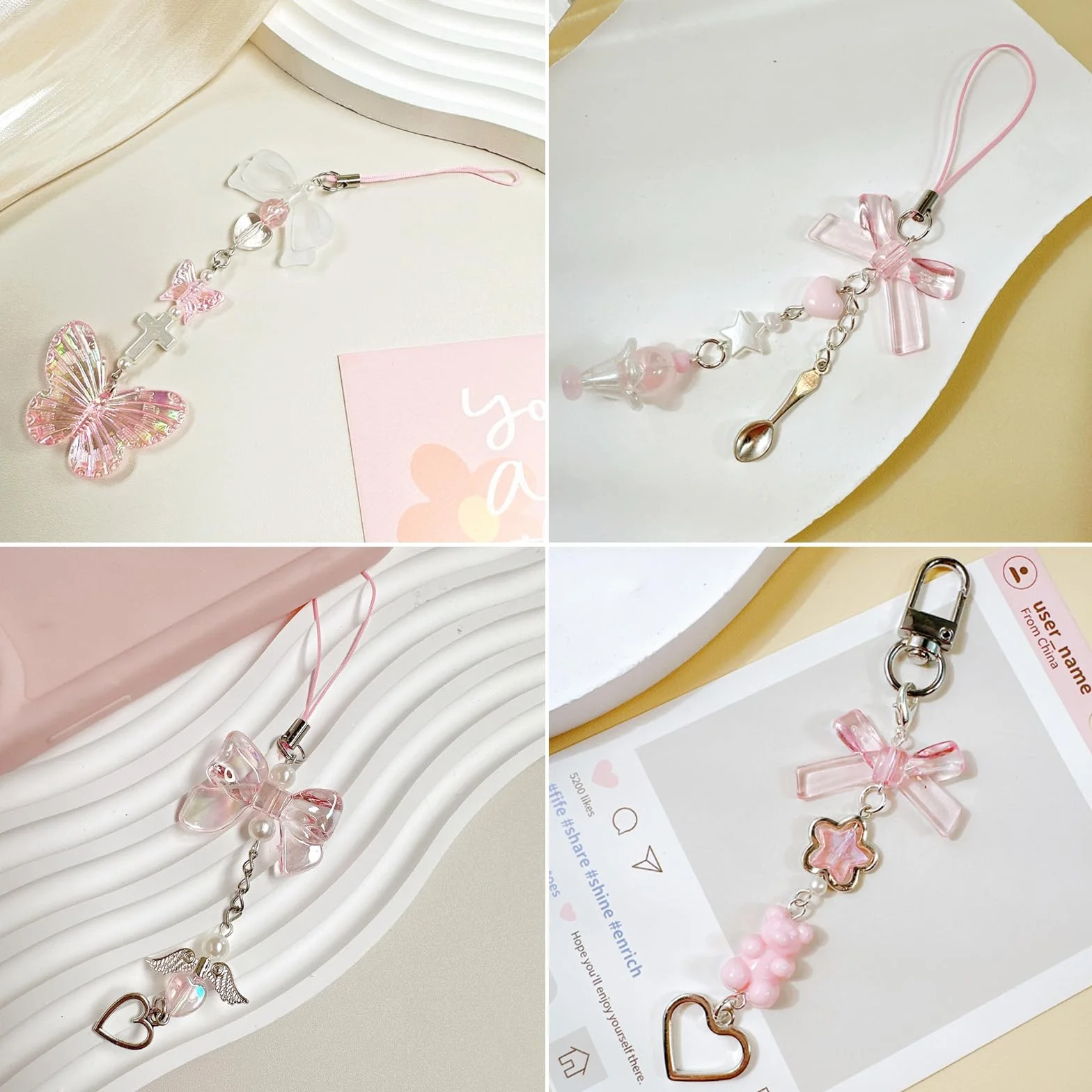 Pendentifs Y2K pour Téléphone Portable 6 Pcs, Kawaii Noeud Papillon Chaîne Anti-Perte