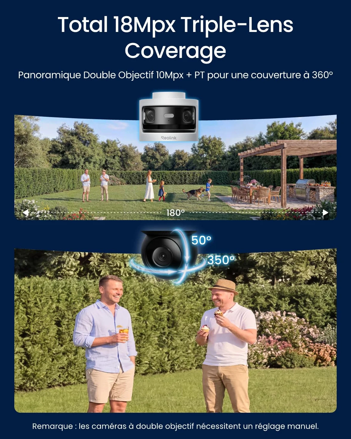 Reolink Camera Exterieur Filaire 10Mpx + 8Mpx à Triple Objectif, Caméra PoE avec Suivi-Synchro, Recherche Vidéo IA, Vision Nocturne Couleur et Infrarouge, Enregistrement 24h/24, OMVI 3i PoE