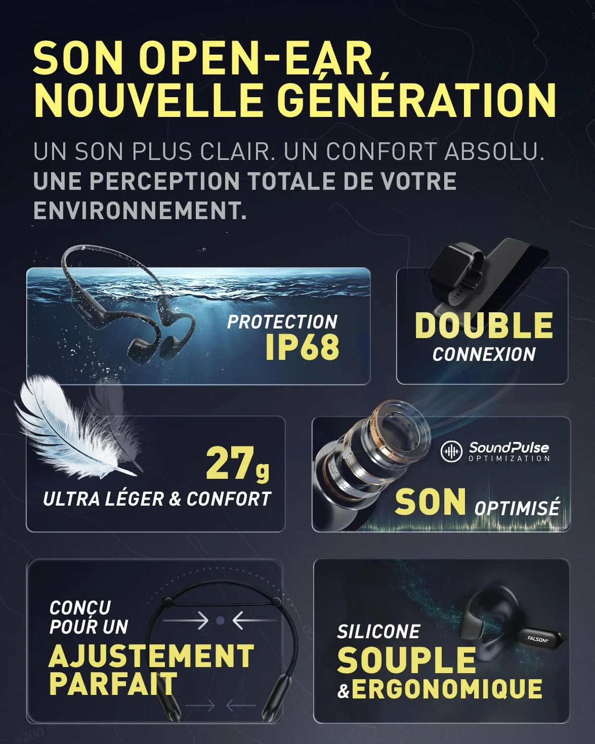 NexOne Pro, Casque à Conduction osseuse, IP68 Étanche, MP3 32 Go, 10 h d’Autonomie, Écouteurs sans Fil Bluetooth 6.0, Charge Rapide, Appels Clairs, Marque Française Premium, Très Polyvalent