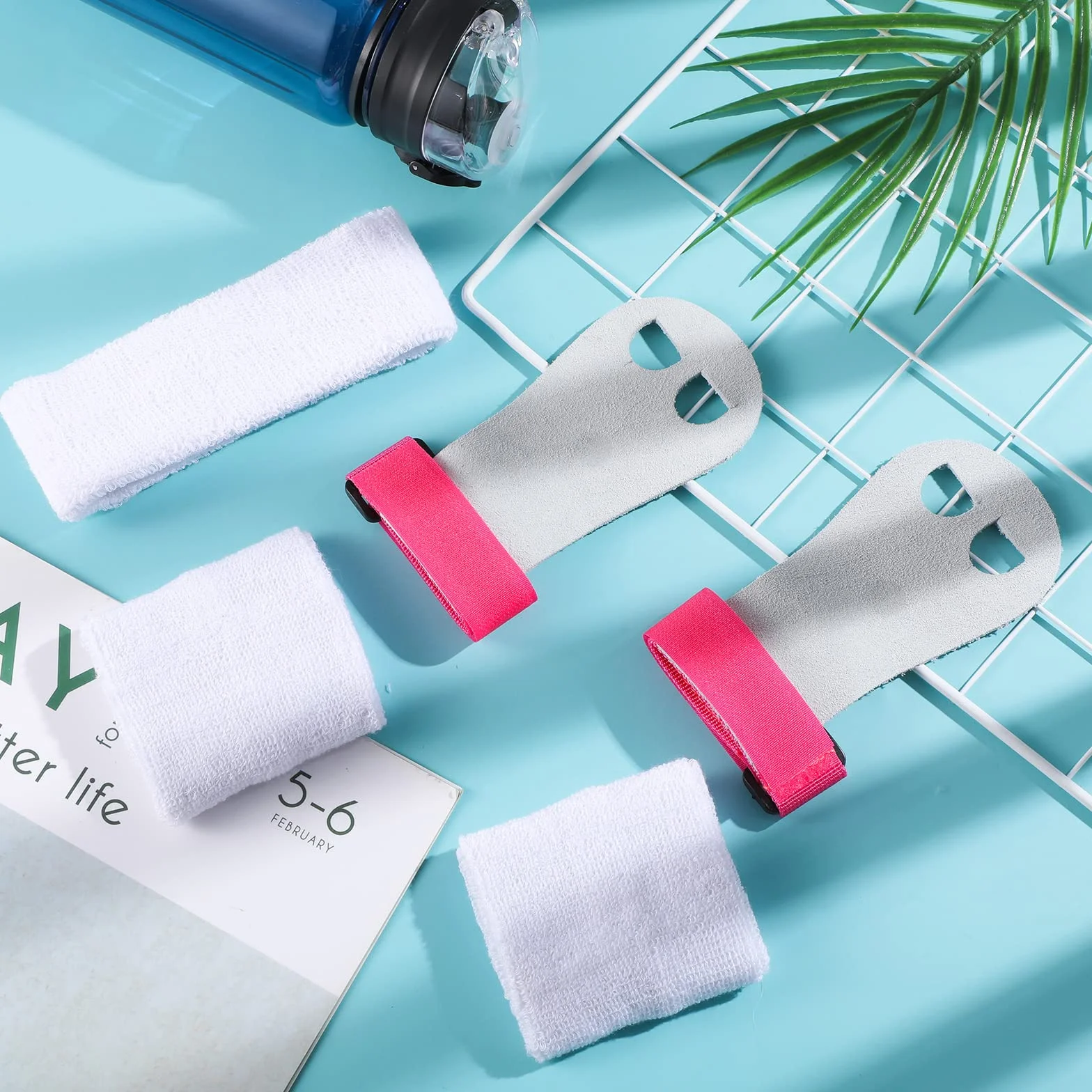 BBTO Manique Gym Poignées de Gymnastique Fille avec Bracelets Sweatband Bandeau Protection Palme et Poignet de Soutien Rose Blanc S