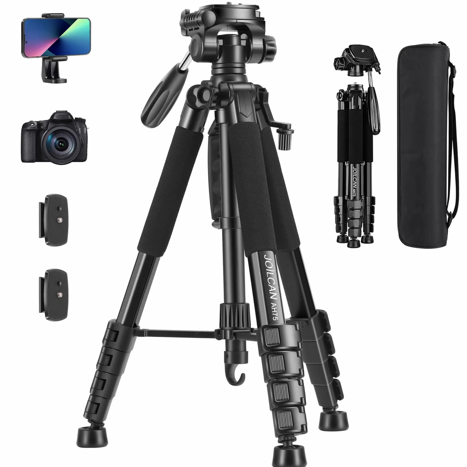 Trépied Appareil Photo pour Smartphone 187cm, JOILCAN Trépied Caméra avec Tête Pan Amovible à 3 Voies, Aluminium Portable Trepied pour Nikon Canon Sony DSLR, Téléphone Support pour iPhone (Noir)