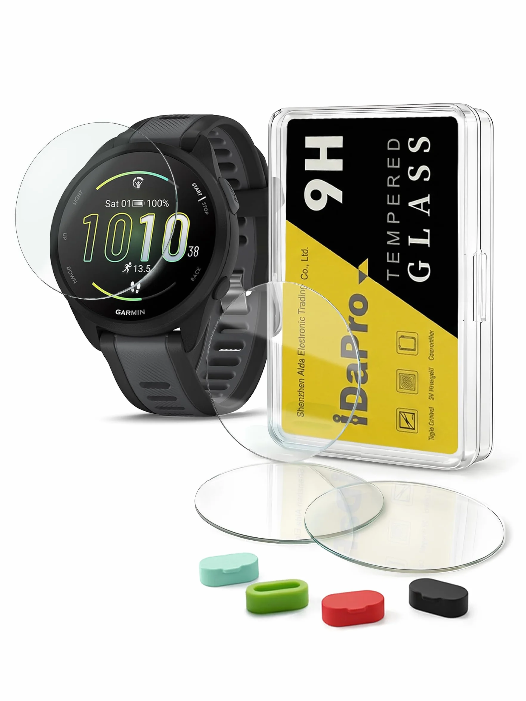 iDaPro [4Pcs]Protection d'Ecran pour Garmin Forerunner 165/Forerunner 165 Music+[4Pcs]Bouchons anti-poussière silicone,Verre Trempé,Dureté 9H,Anti-rayure,Sans Bulle,Anti-empreinte,Installation Facile